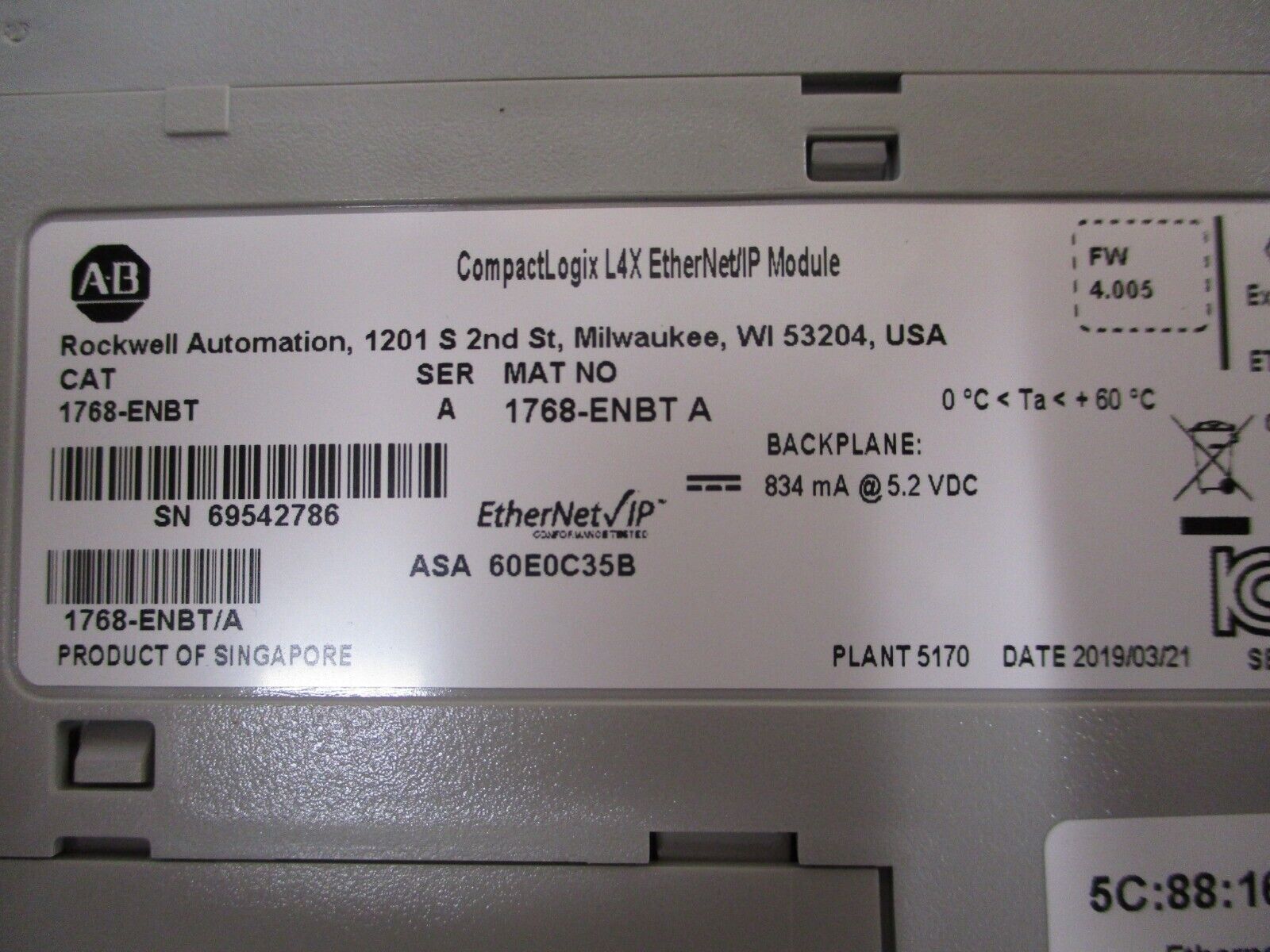 Allen-Bradley CompactLogix L4X Ethernet/IP Module 1768-ENBT Ser. A F/W. 4.005