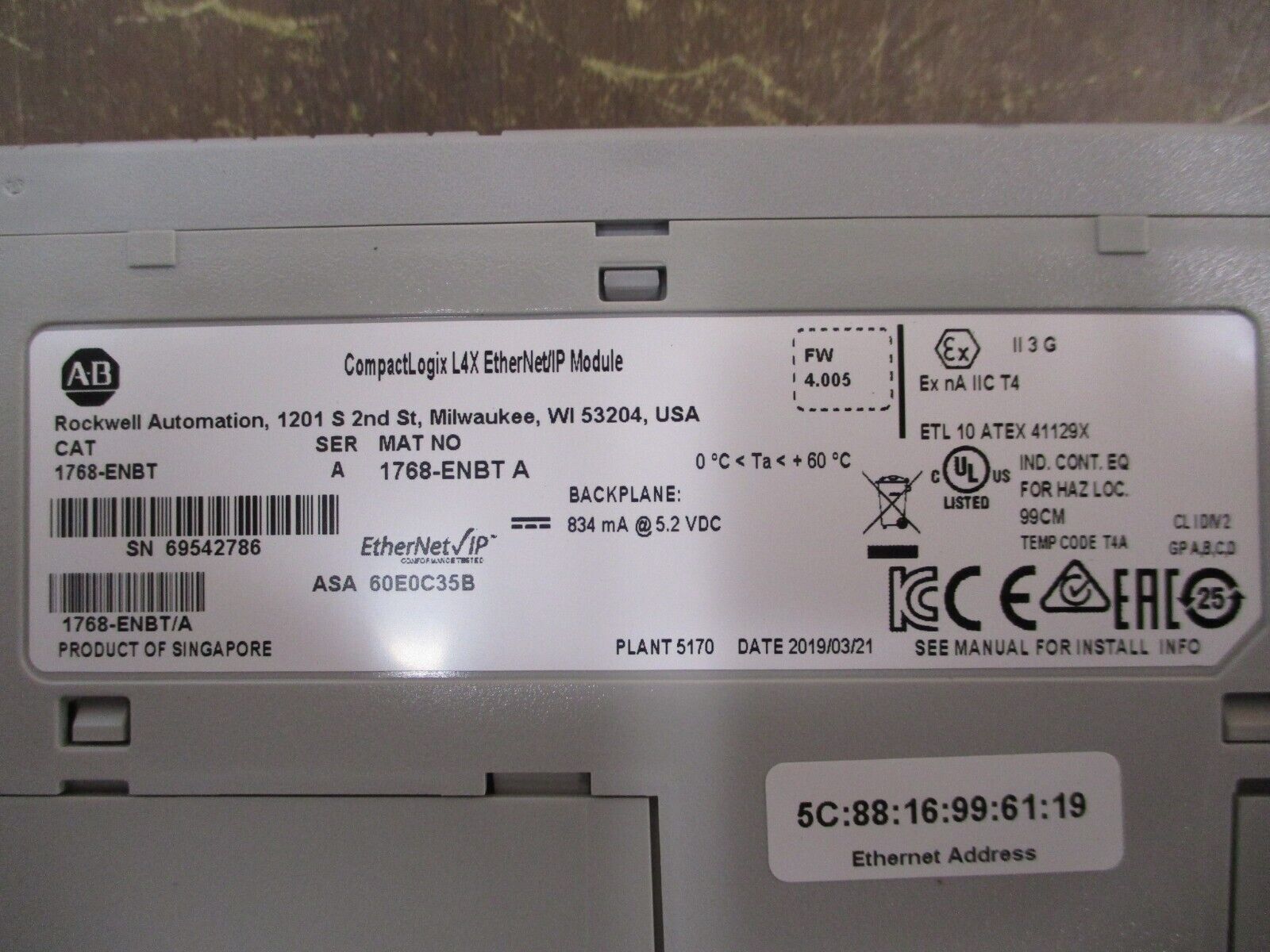 Allen-Bradley CompactLogix L4X Ethernet/IP Module 1768-ENBT Ser. A F/W. 4.005