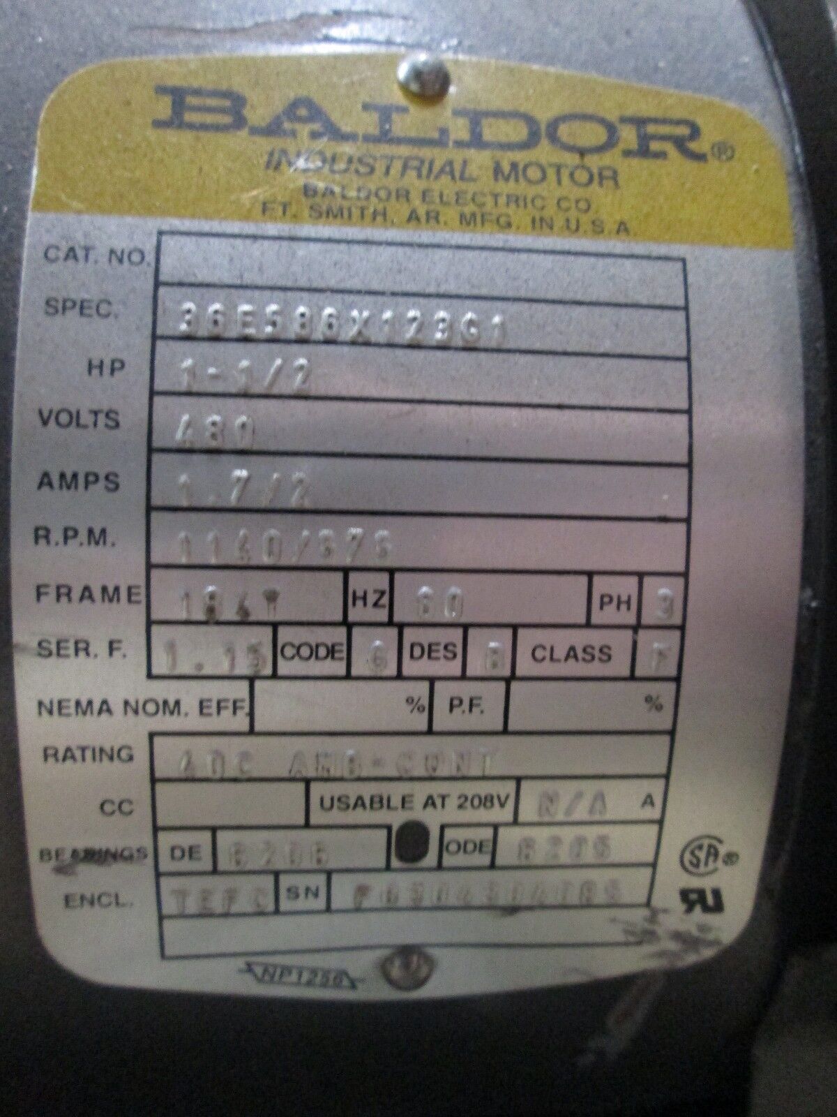 Baldor AC Motor 36E586X123G1 1/0.5HP 480V 1.7/2A 1140/875RPM 184T Frame Used