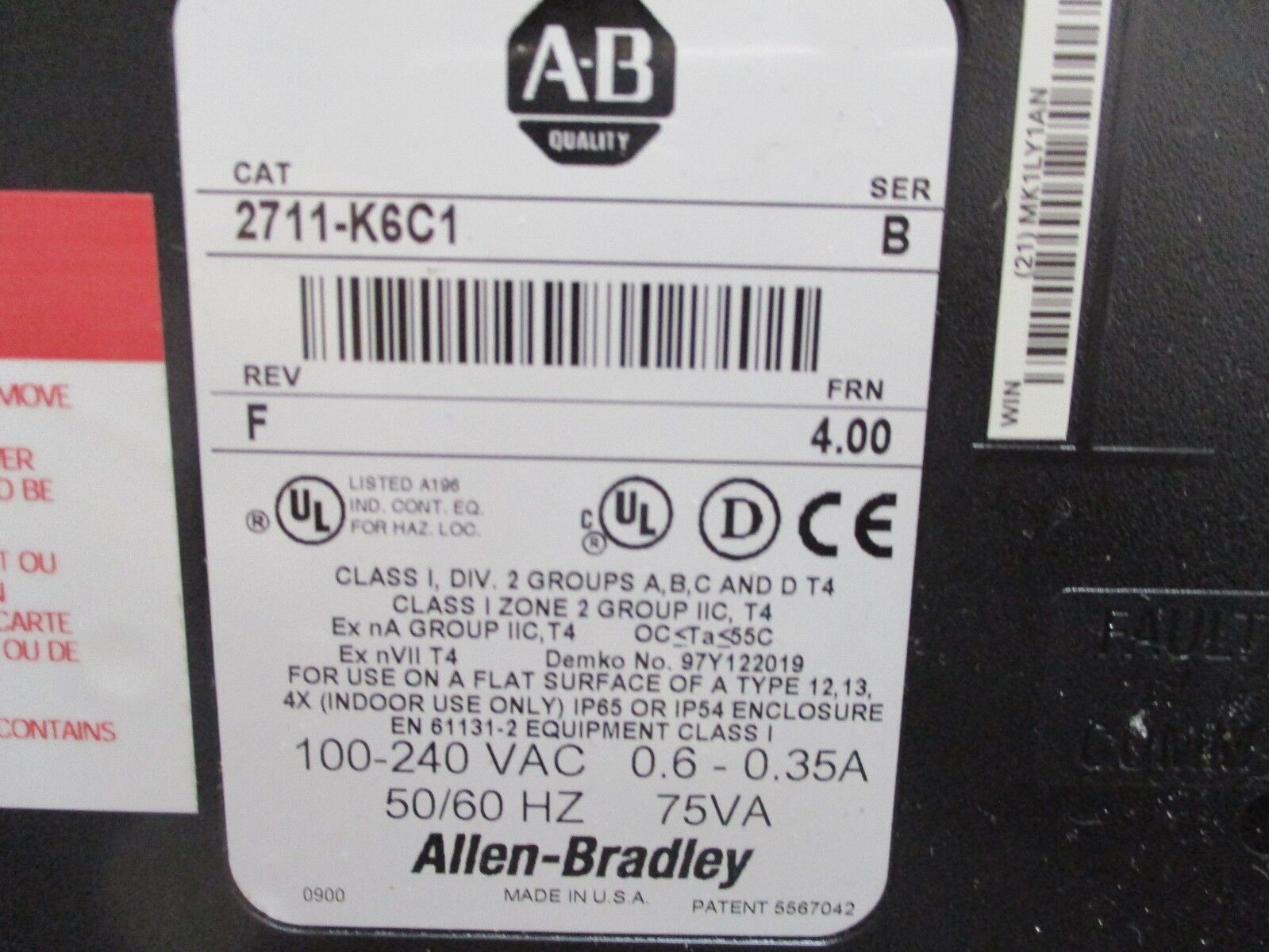 Allen-Bradley PanelView 600 2711-K6C1 Ser. B Rev. F FRN 4.00 100-240V 0.6-0.35A