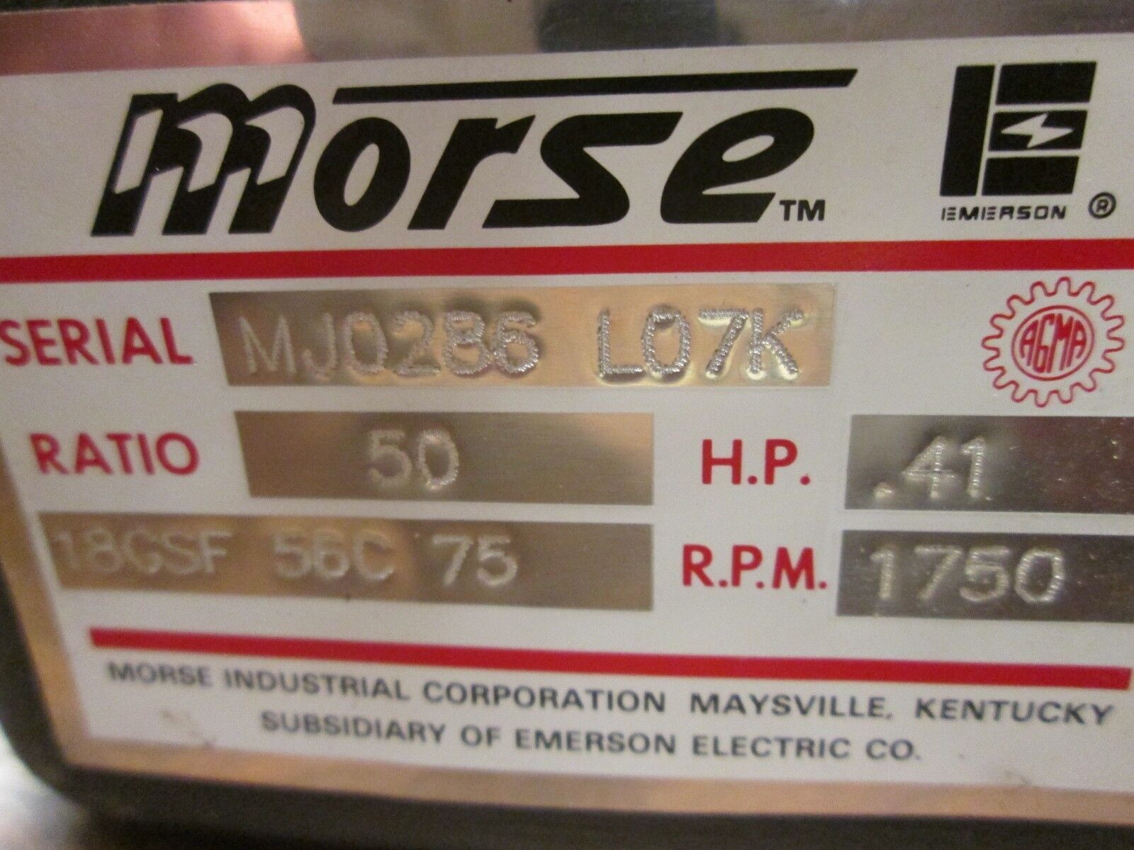 Morse Gear Reducer MJ0286 L07K Ratio 50:1 .41HP IN 1750RPM Used