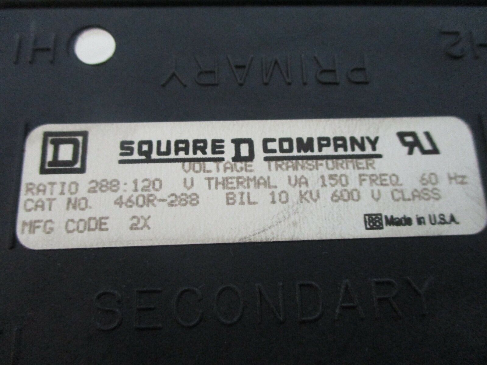 Square D Voltage Transformer 460R-288 Ratio 288:120 10KV BIL 150VA 60Hz Used