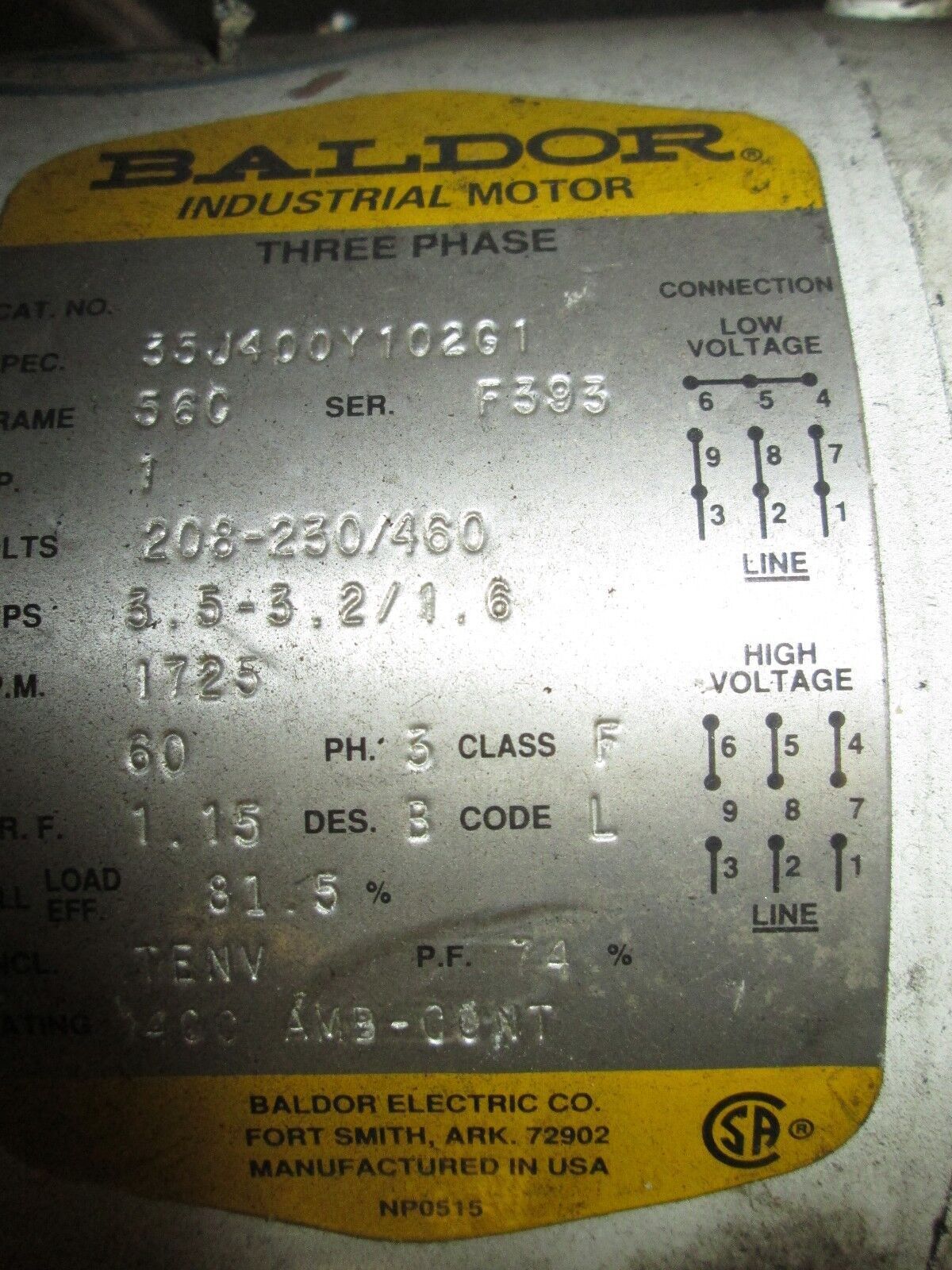 Baldor Motor w/ Gear 35J400Y10261 1HP 1725RPM 208-230/460V 3.5-3.2/1.6A 3Ph Used