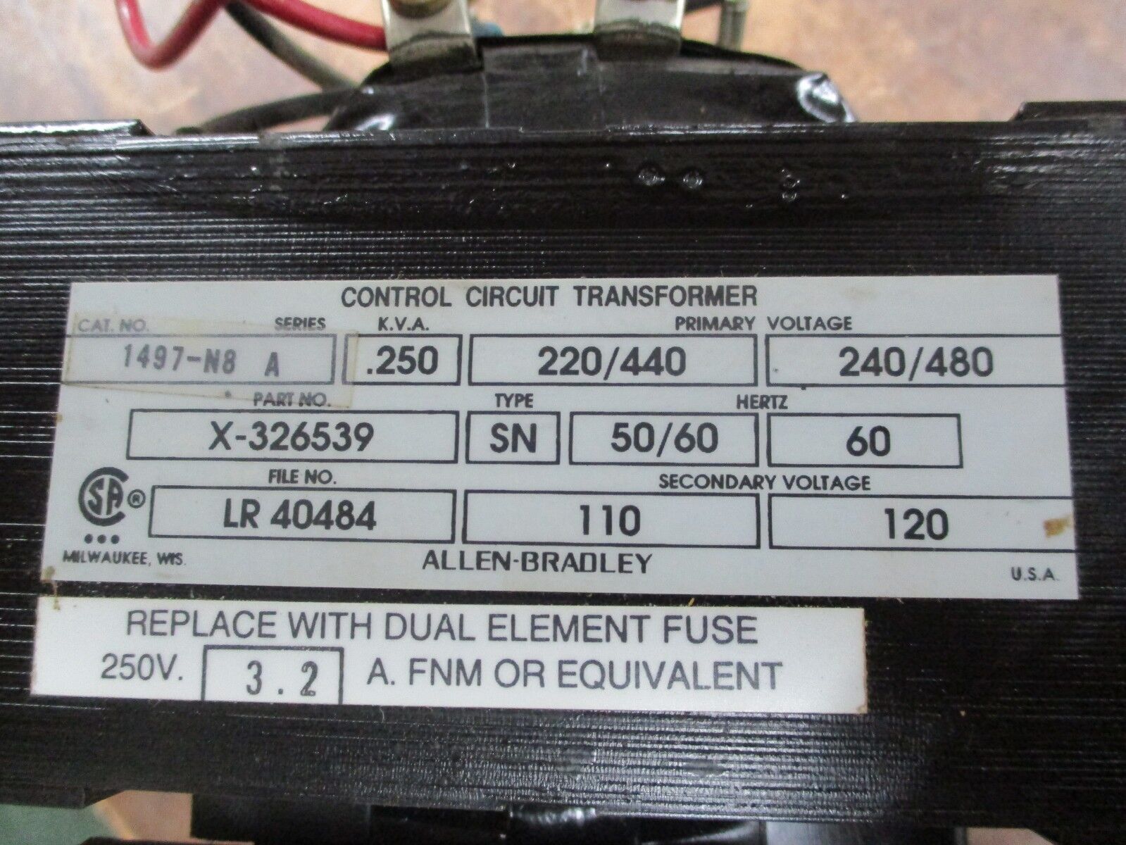 Allen-Bradley Type SN Control Transformer 1497-N8 0.250KVA Pri:240/480V Sec:120V
