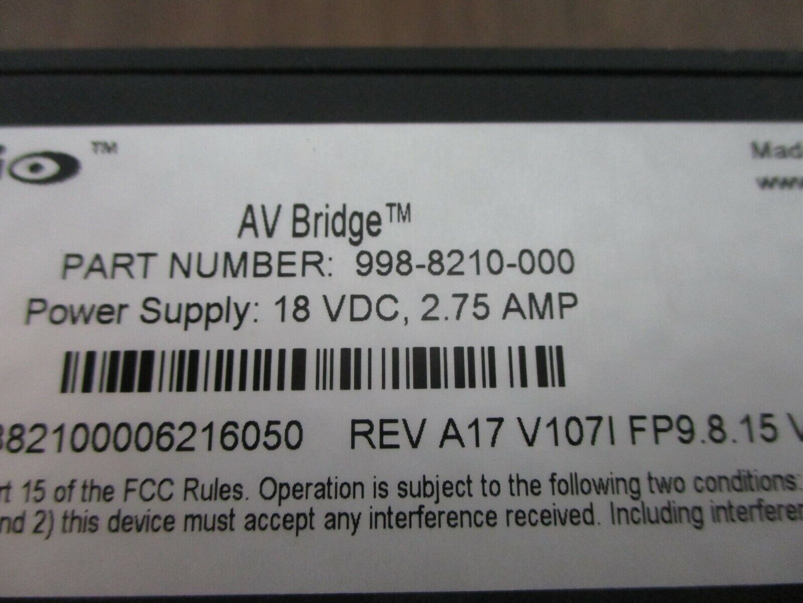 Vaddio AV Bridge 998-8210-000 Rev. A17 18VDC 2.75A Used