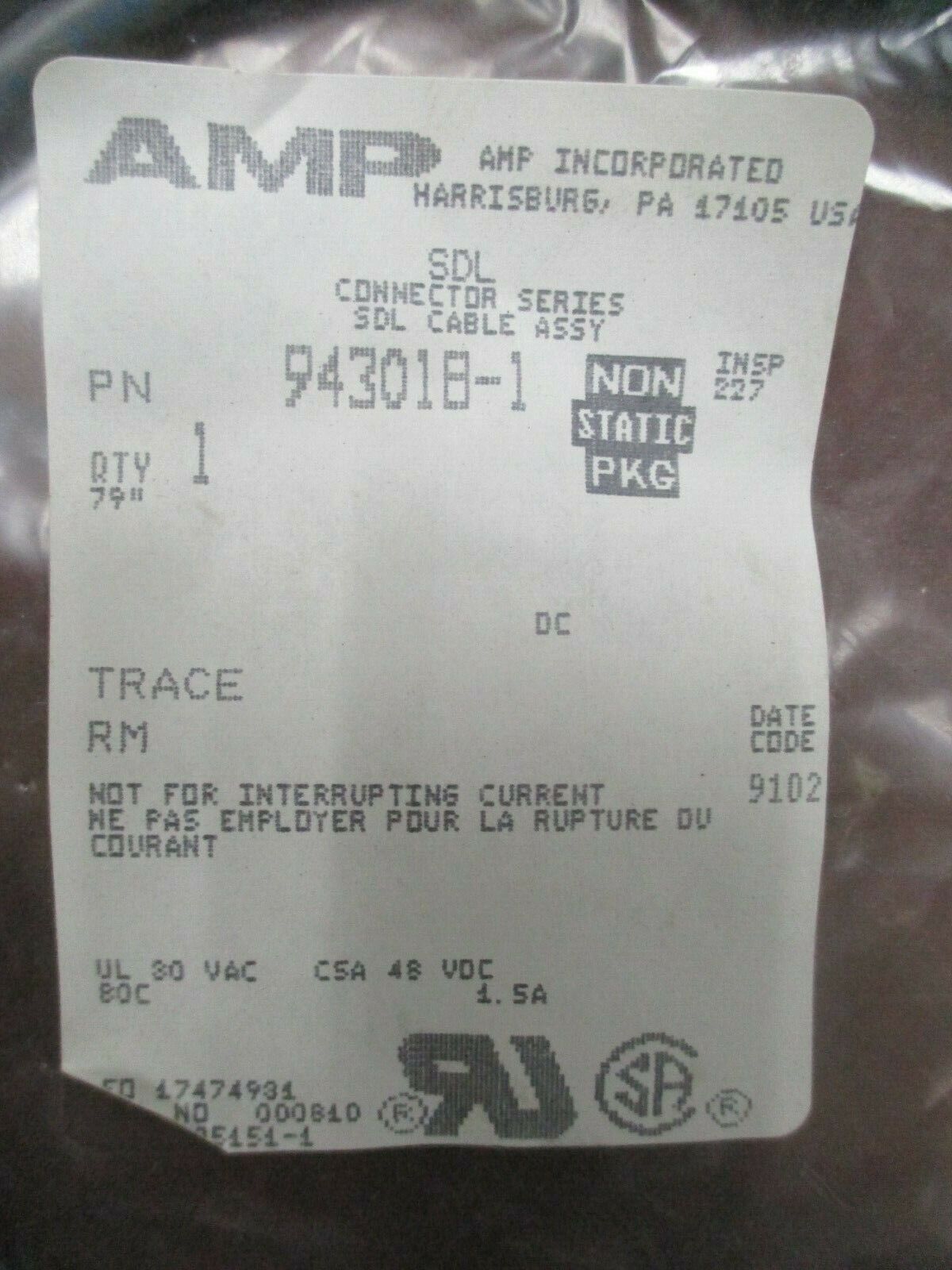 AMP Inc. SDL Programming/Comm Cable 943018-1 New Surplus
