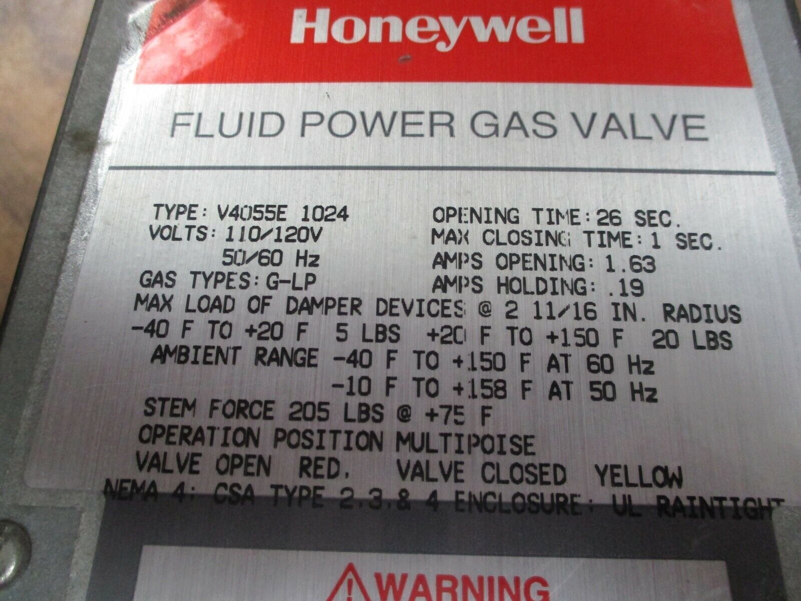 Honeywell Fluid Power Gas Valve Actuator V4055E 1024 110/120V 50/60Hz Used