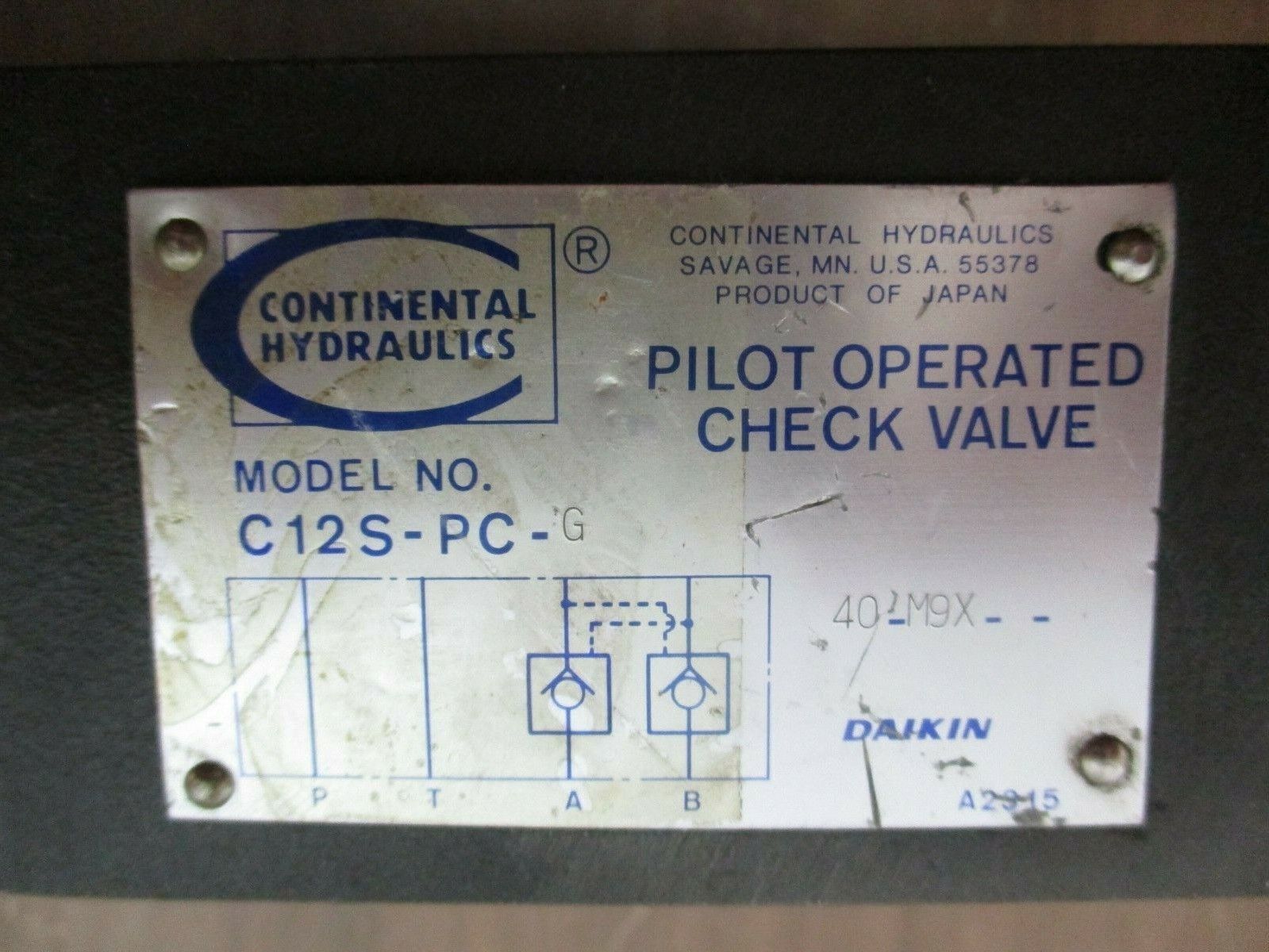 Continental Hydraulics Pilot Operated Check Valve C12S-PC-G Used