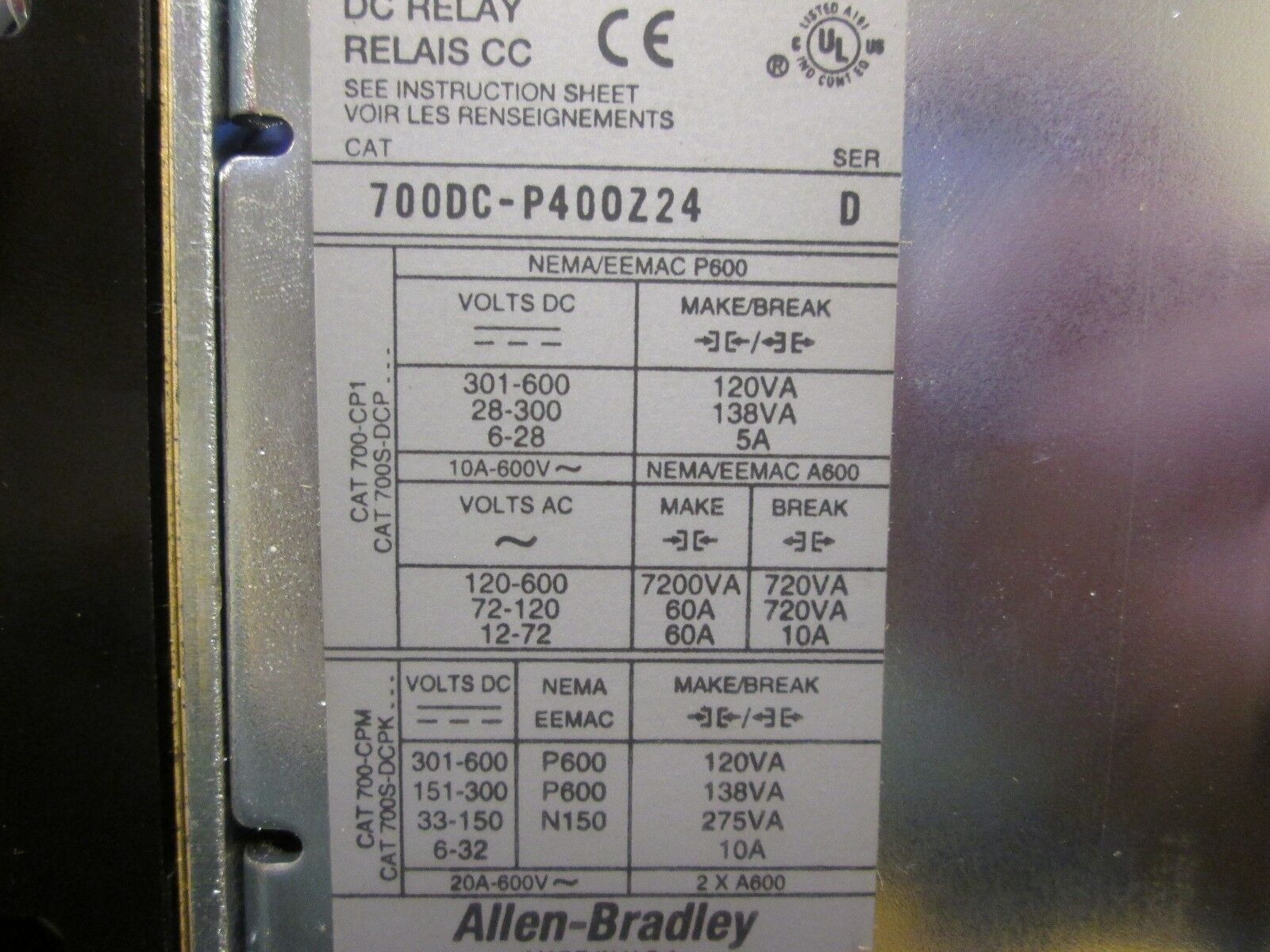 Allen-Bradley DC Relay 700DC-P400224 24VDC Coil Used