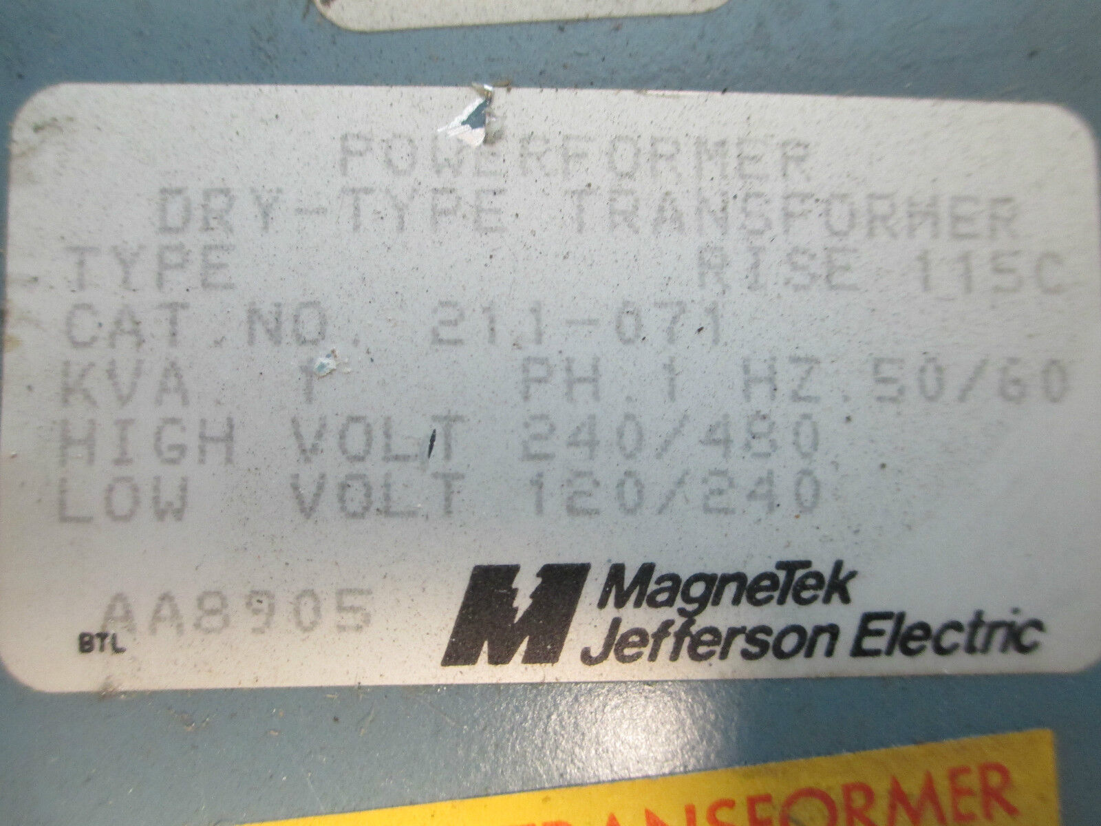 Jefferson Powerformer 211-071, 1 KVA 240/480V Pri. 120/240V Sec.