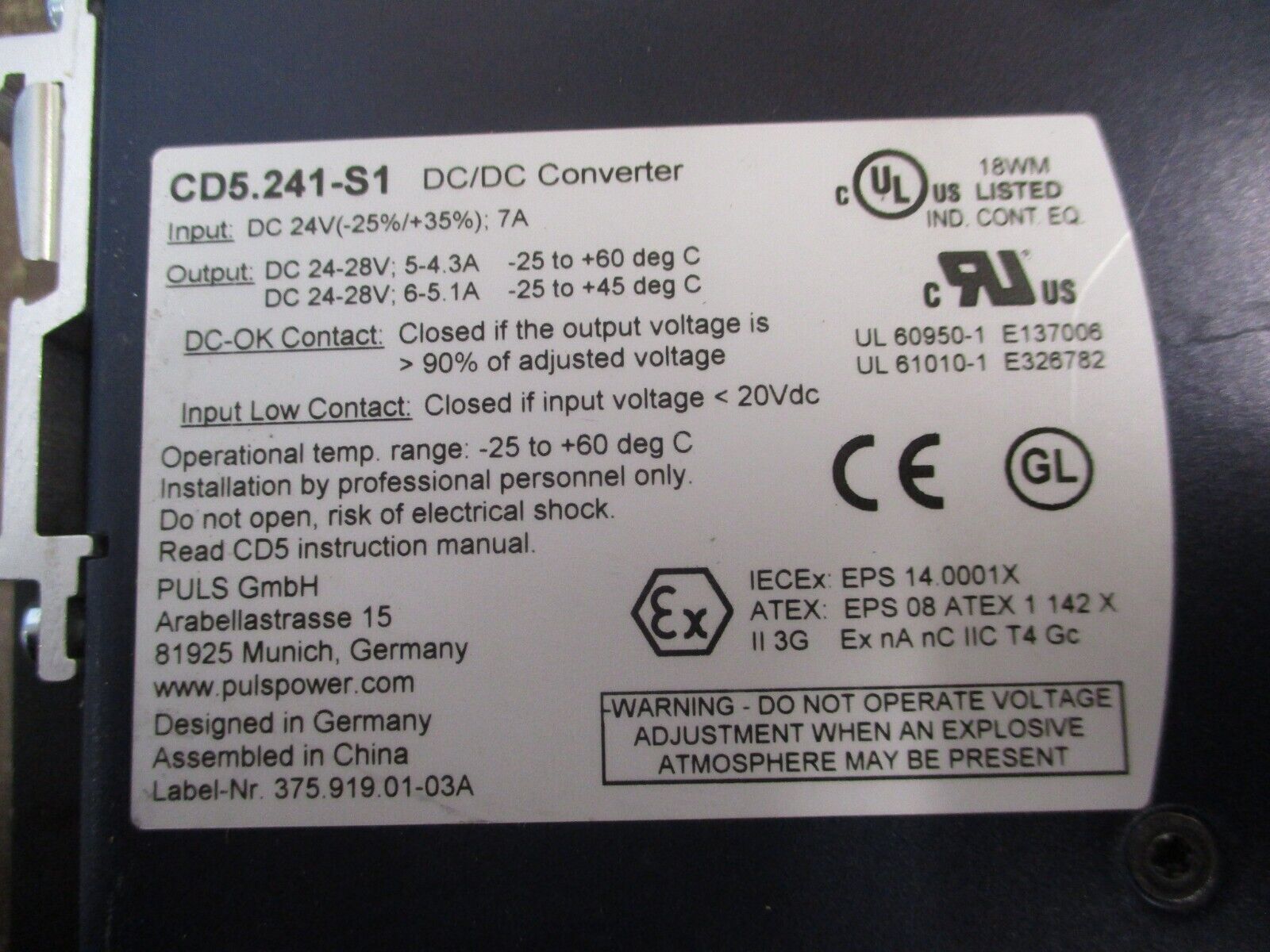 Puls Dimension DC/DC Converter CD5.241-S1 Input: 24VDC 7A Used