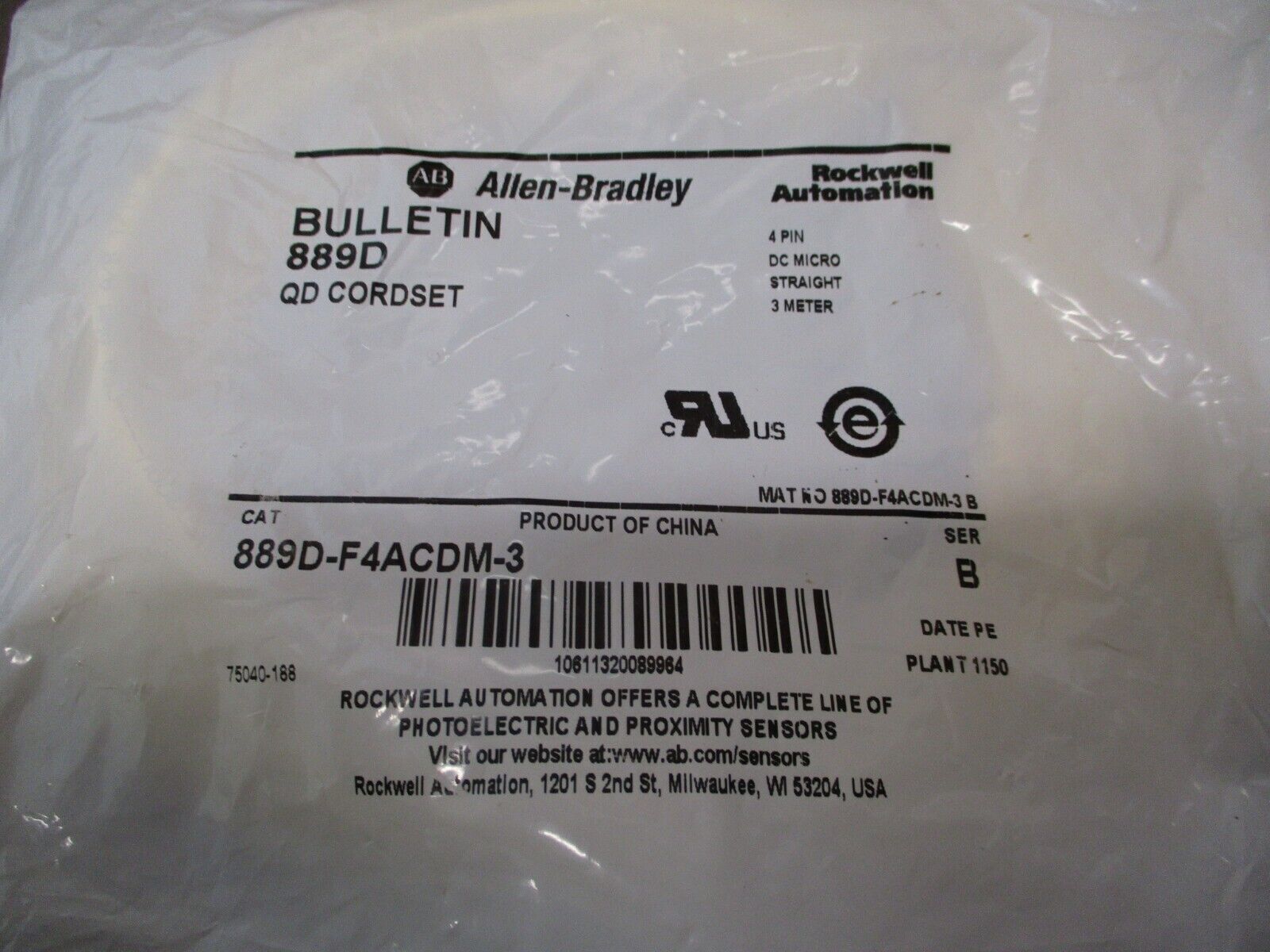 Allen-Bradley QD Cordset 889D-F4ACM-3 Ser. B 4-Pin DC Micro Straight 3 Meter