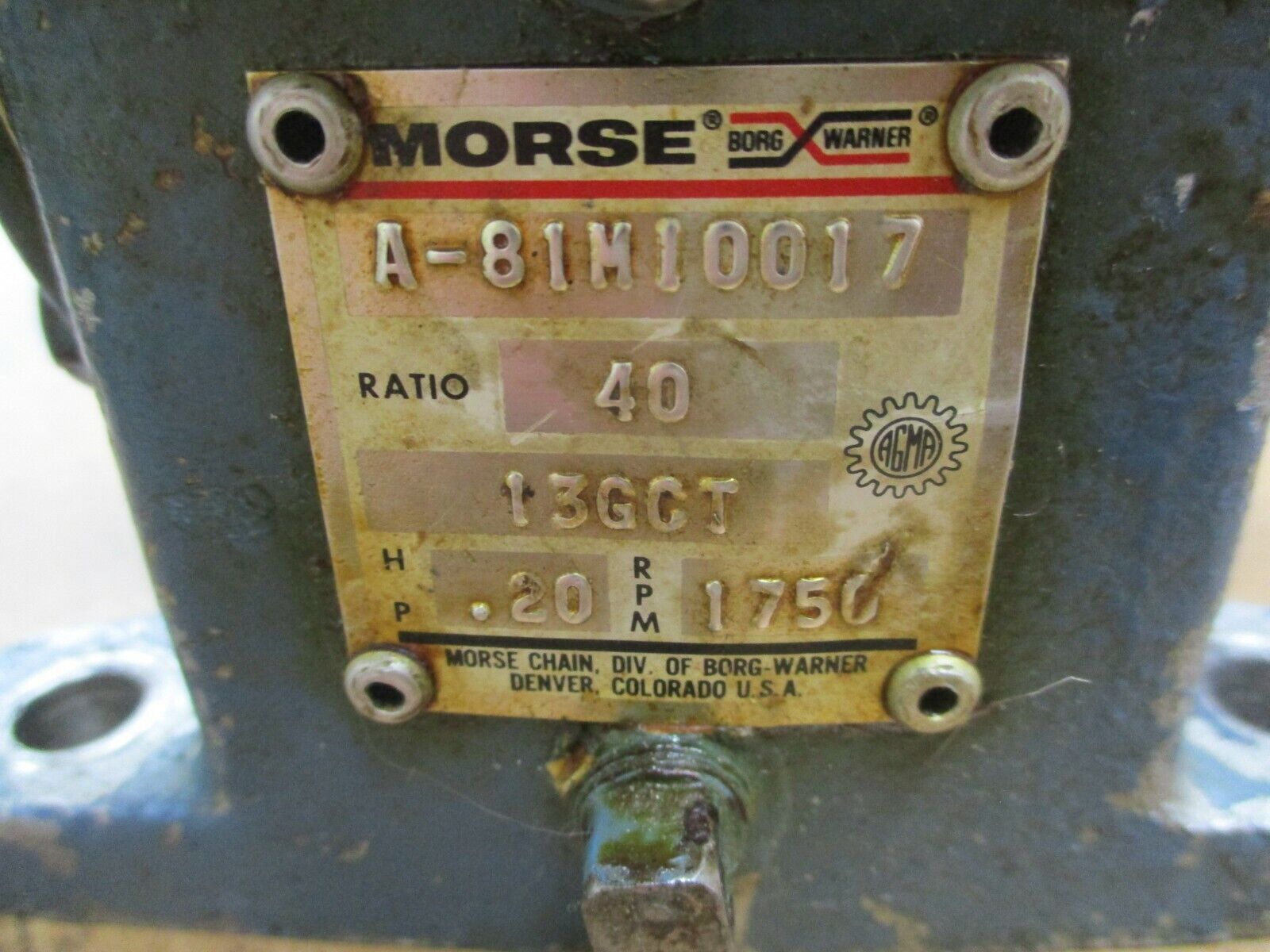 Morse Reducer A-81M10017 Ratio 40:1 0.20HP In 1750RPM In Used