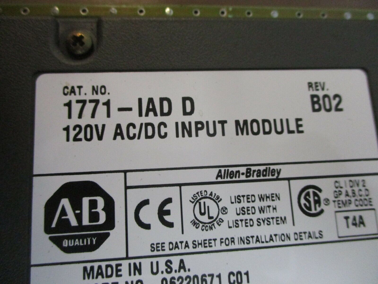 Allen-Bradley AC/DC Input Module 1771-IAD D Rev. B02 120V Used