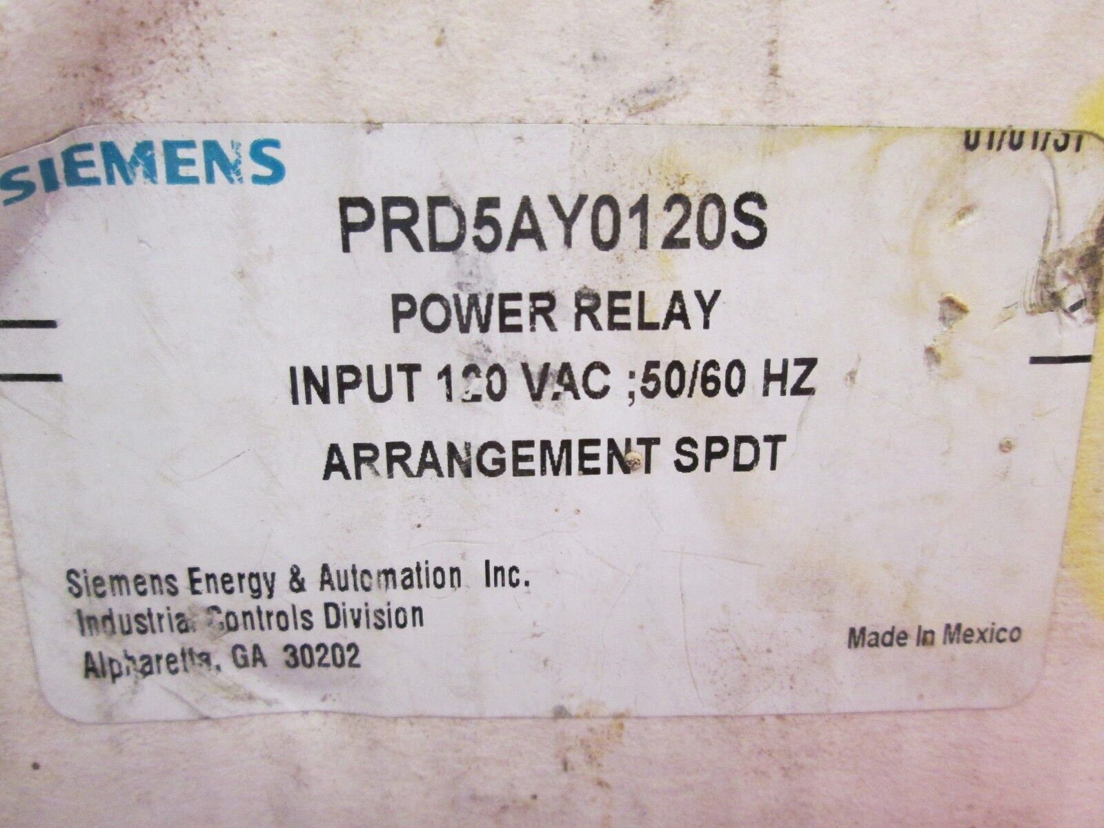 Siemens Power Relay PRD5AY0120S 120V 50/60Hz New Surplus