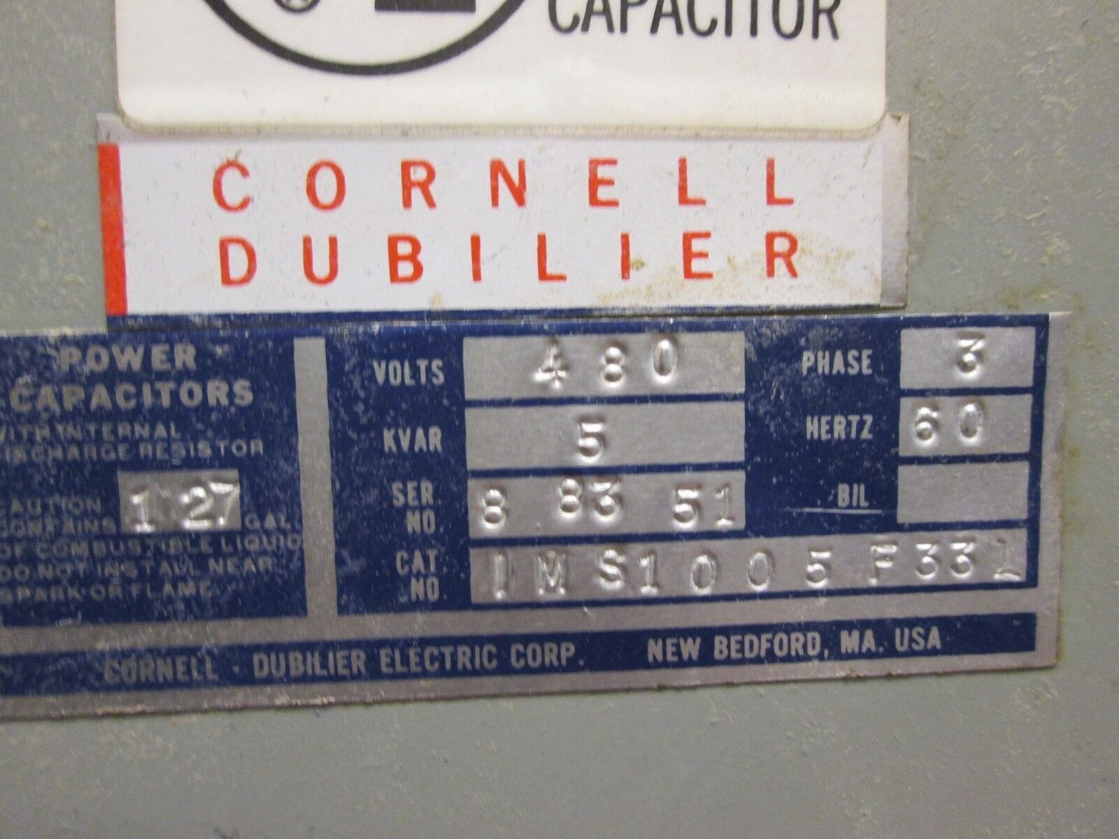 Cornell Dubilier Power Capacitor IMS1005F33L 5KVAR 480V 3Ph 60Hz Used