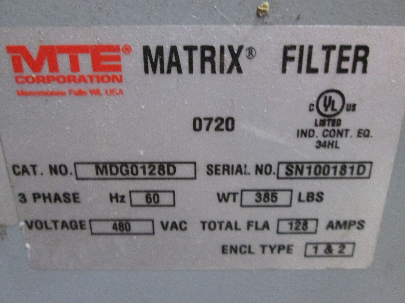 MTE Matrix Filter MDG0128D 128A 480V 3Ph Used
