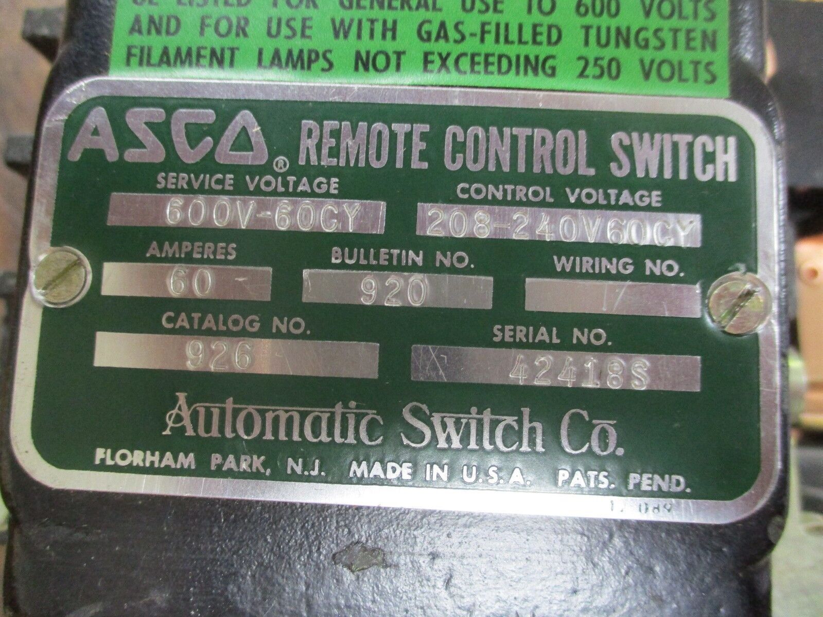 ASCO Remote Control Switch 926 60A 600V 60Hz Control: 208-240V Used