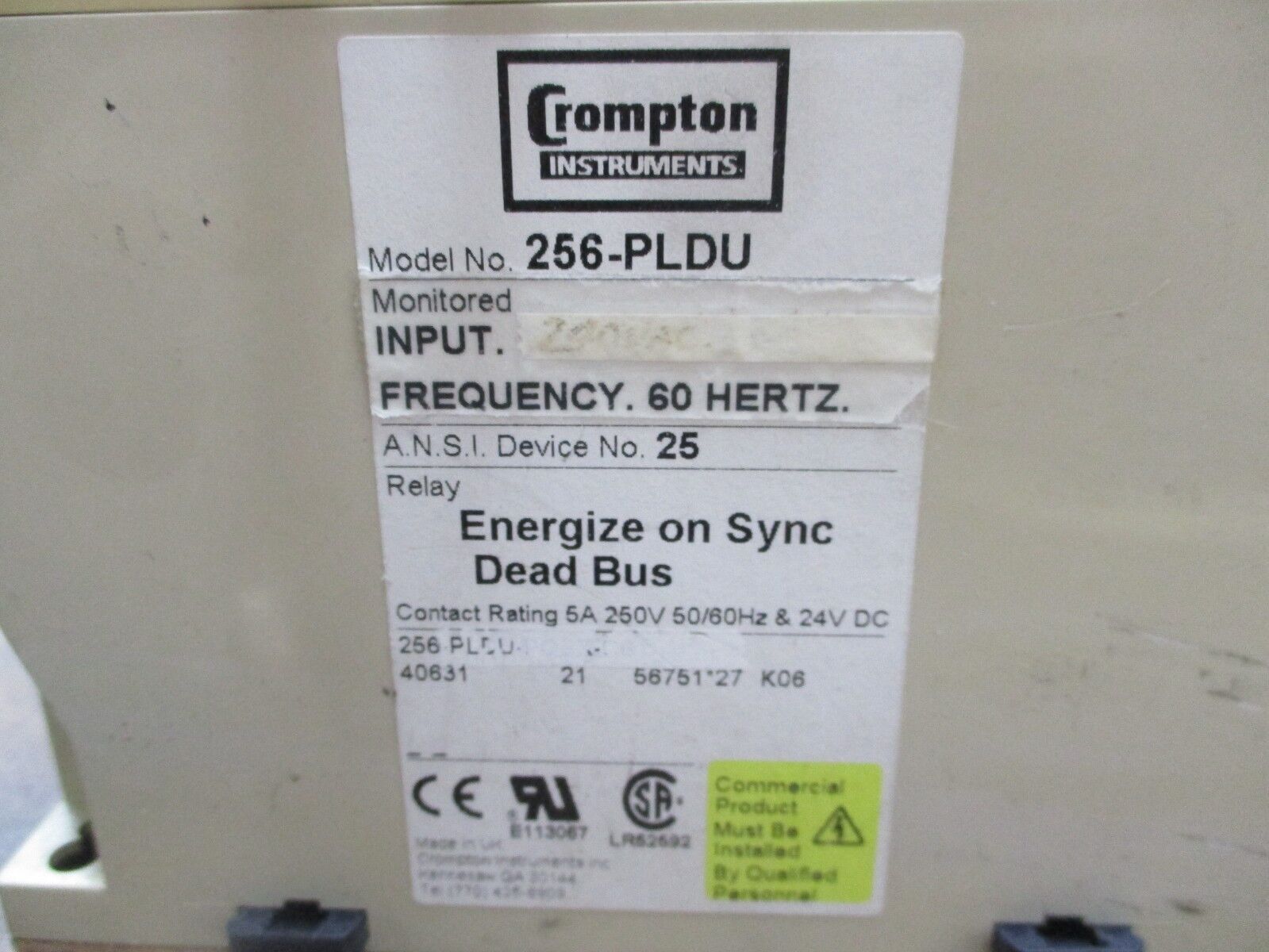 Crompton Protector Relay 256-PLDU 240V 60Hz *Missing (2) Cover Screws* Used