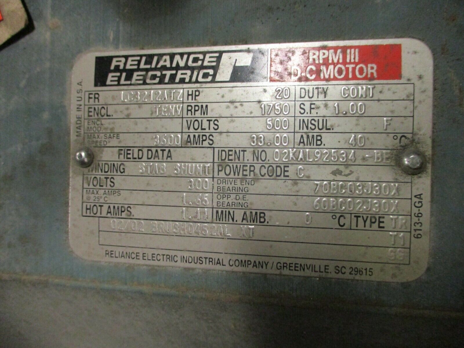 Reliance DC Motor LC3213ATZ Frame 20HP 1750RPM 500V 33A Field Volts: 300V Used