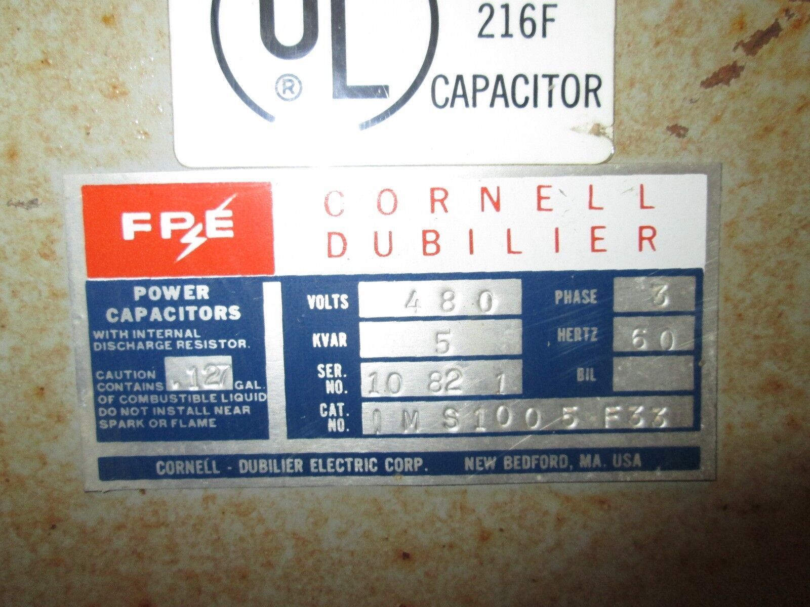 FPE / Cornell Dubilier Power Capacitor IMS1005F33 5KVAR 480V 3Ph 60Hz Used