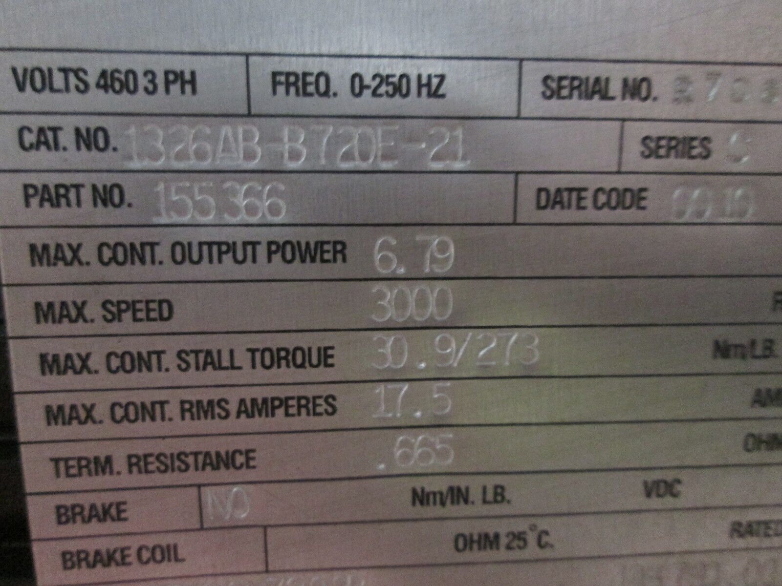 Allen-Bradley/Bayside 1326 AC Servo Motor With Gear 1326AB-B720E-21 6.79KW Used