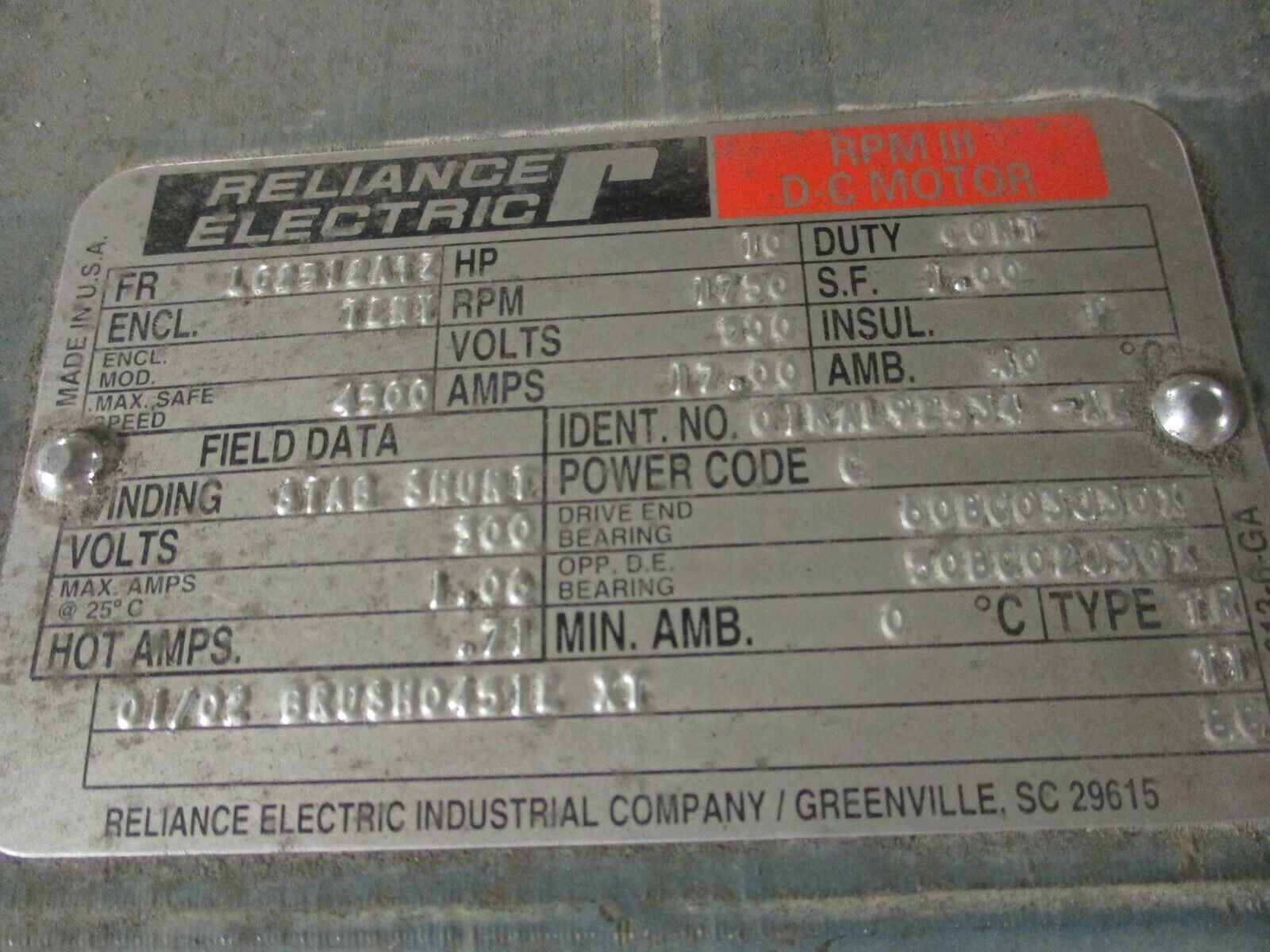 Reliance DC Motor LC2512A72 Frame 10HP 1750RPM 500V 17A Field Volts: 300V Used