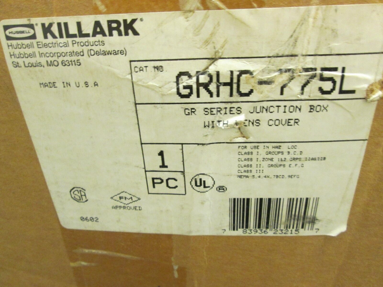 Hubbell Killark GR Explosion Proof Box w/ Lens Cover GRHC-775L New Surplus