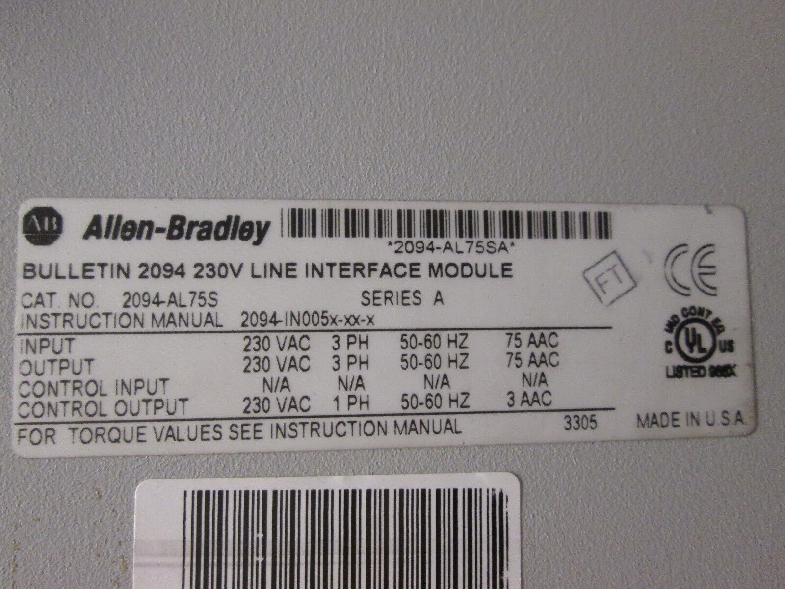Allen-Bradley 2094 230V Line Interface Module 2094-AL75S 230V 3Ph 50-60Hz Used