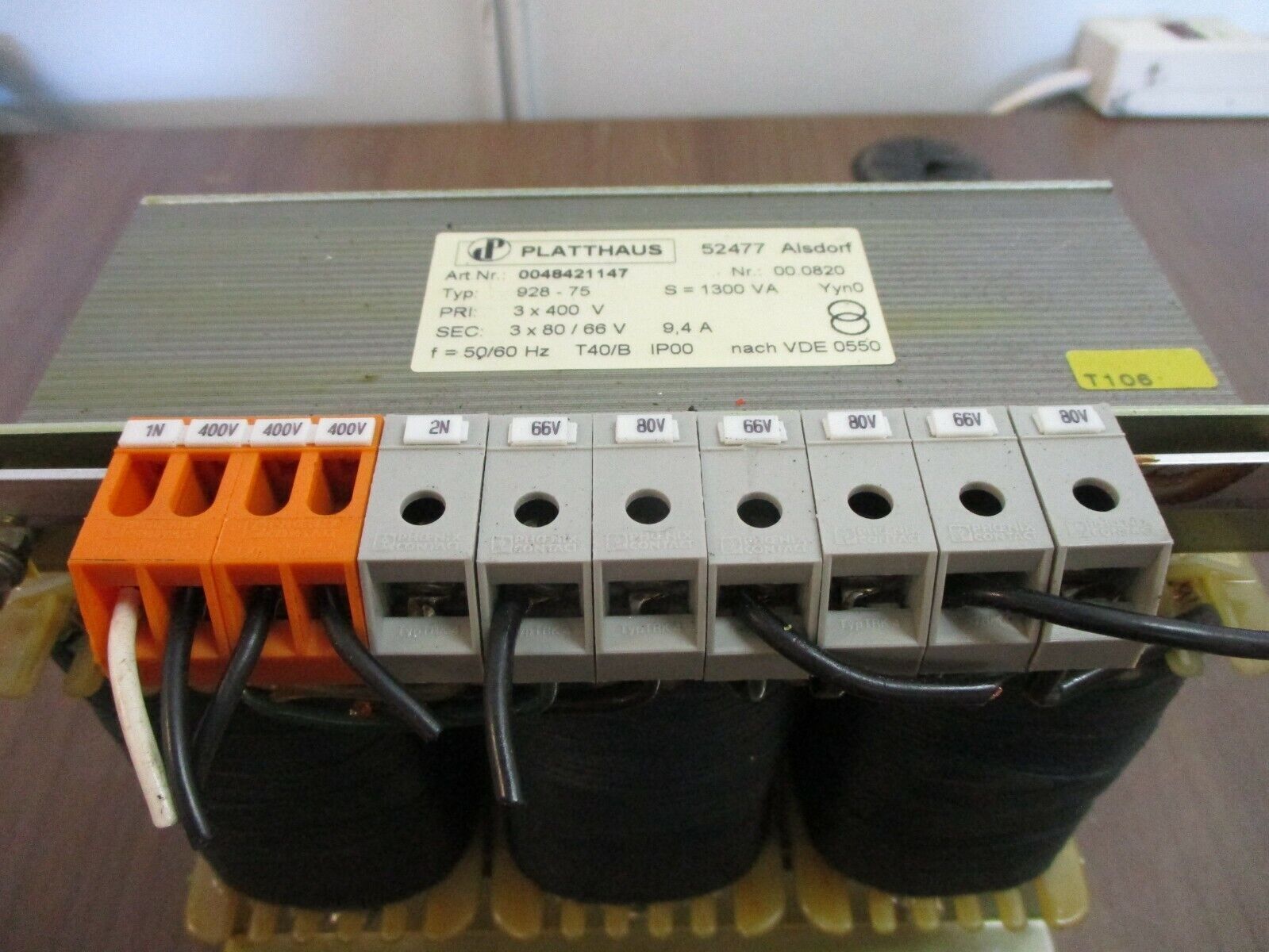 Platthaus Type 928-75 Transformer 0048421147 1300VA Pri: 400V Sec: 80/66V 3Ph