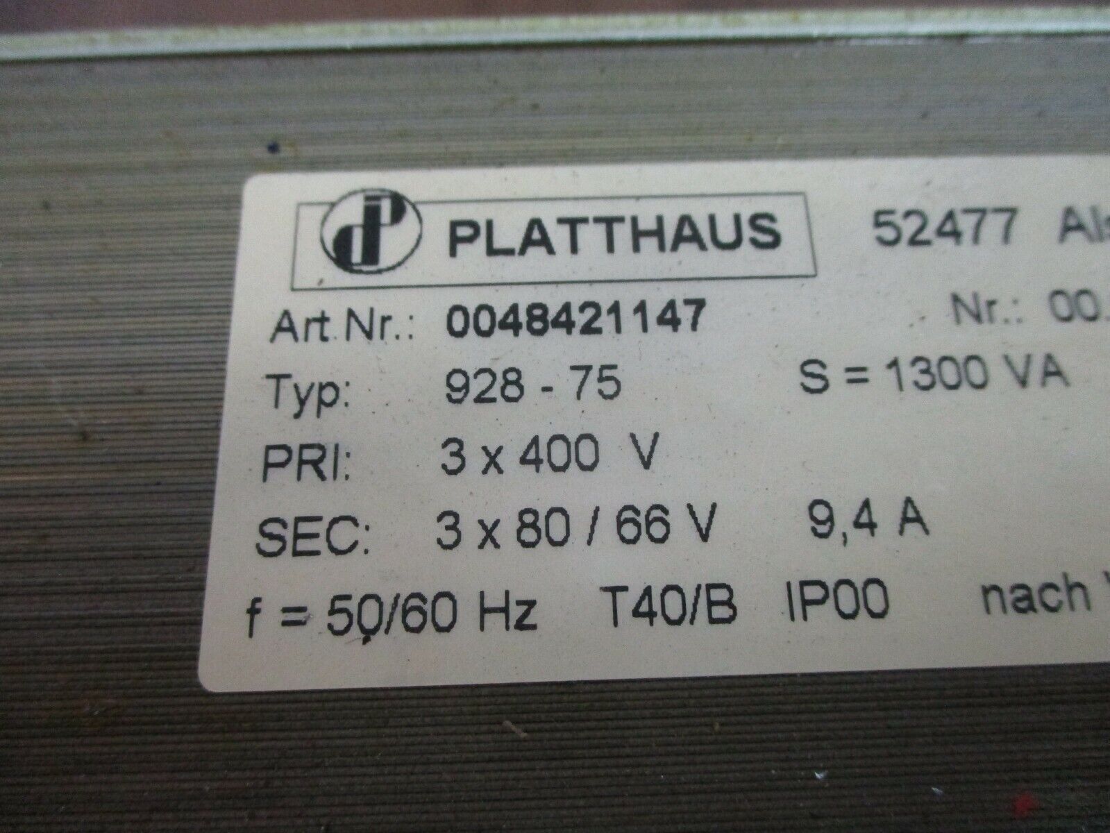 Platthaus Type 928-75 Transformer 0048421147 1300VA Pri: 400V Sec: 80/66V 3Ph