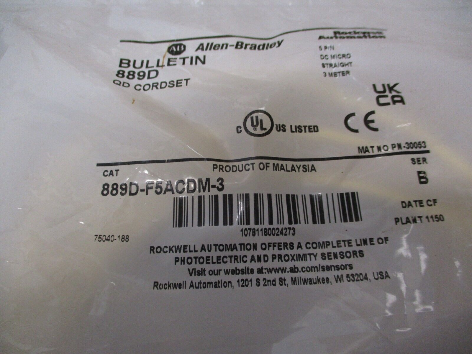 Allen-Bradley QD Cordset 889D-F5ACDM-3 Ser. B 5-Pin DC Micro Straight 3 Meter