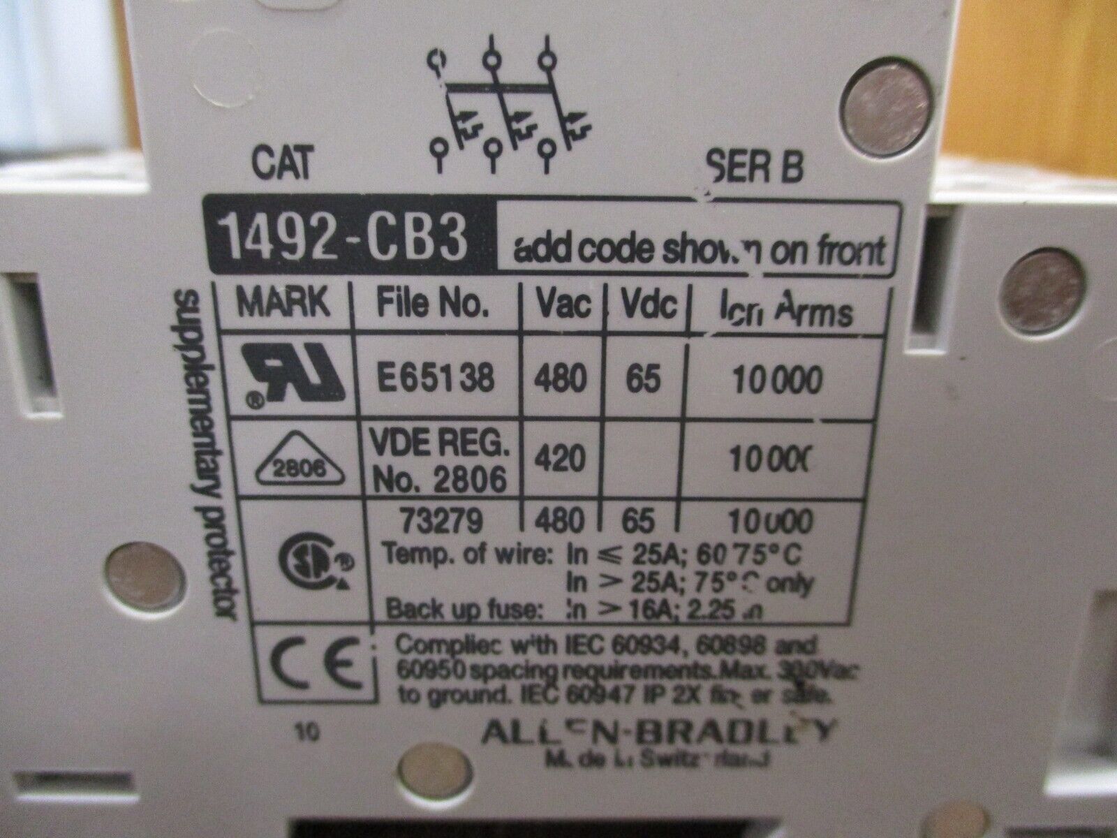 Allen-Bradley Circuit Breaker 1492-CB3-G150 Ser. B 15A 480Y/277V 3Ph Used