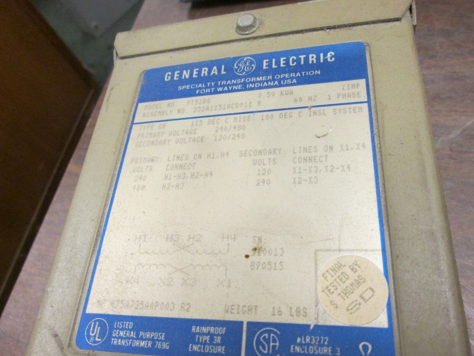GE Transformer 9T51B8 Pri 240/480V Sec 120/240V 0.50KVA 1Ph Used