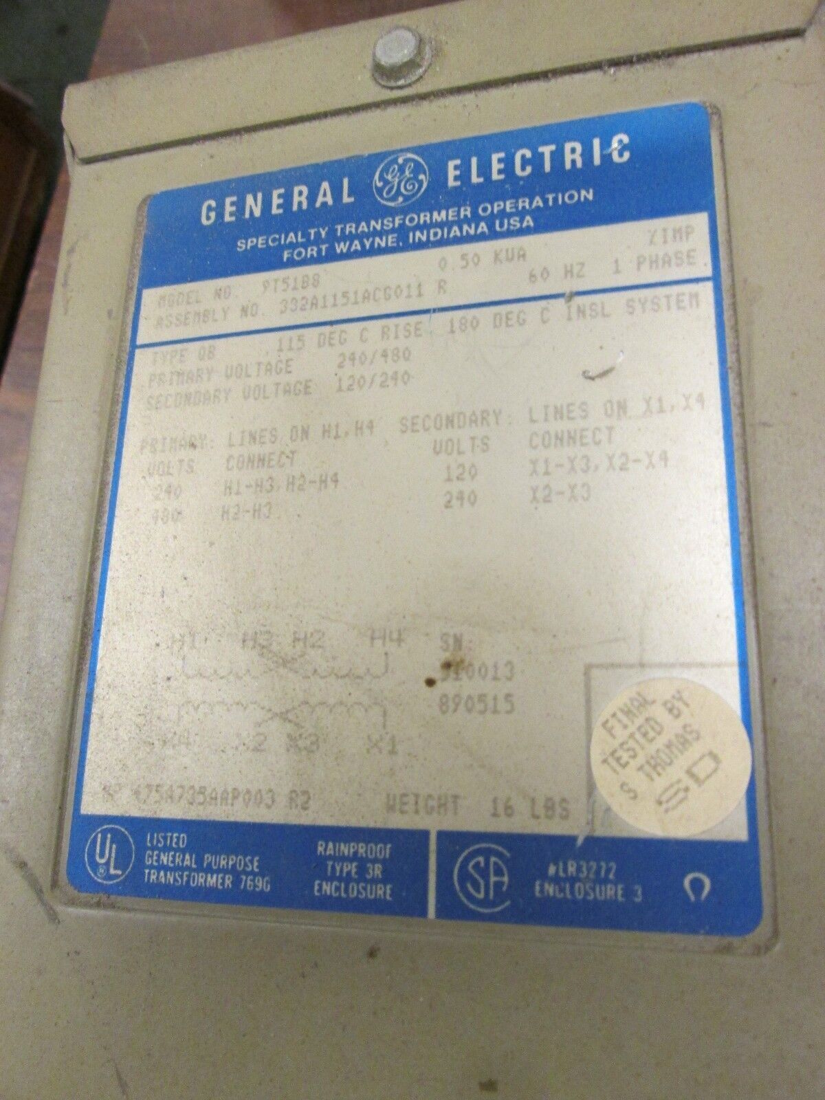 GE Transformer 9T51B8 Pri 240/480V Sec 120/240V 0.50KVA 1Ph Used