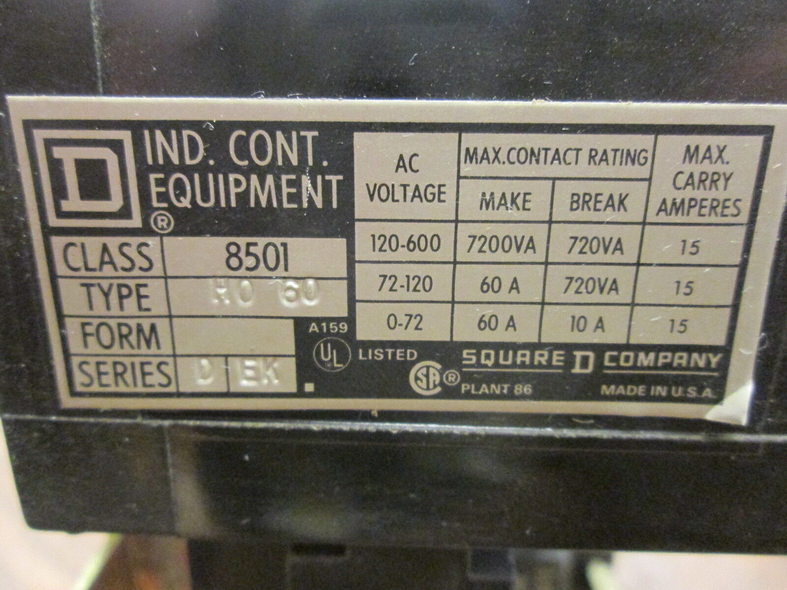 Square D Control Relay 8501 H0 60 120V Coil Used