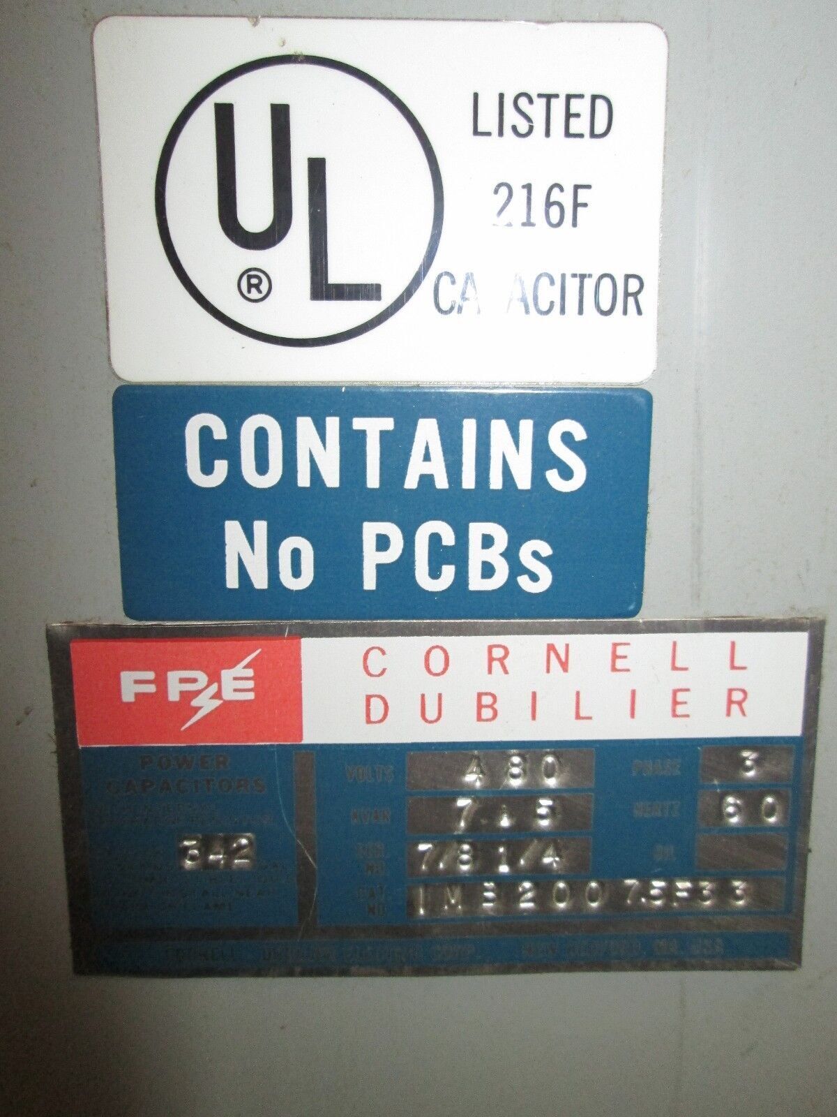 FPE / Cornell Dubilier Power Capacitor IMB2007.5F33 7.5KVAR 480V 3Ph 60Hz Used