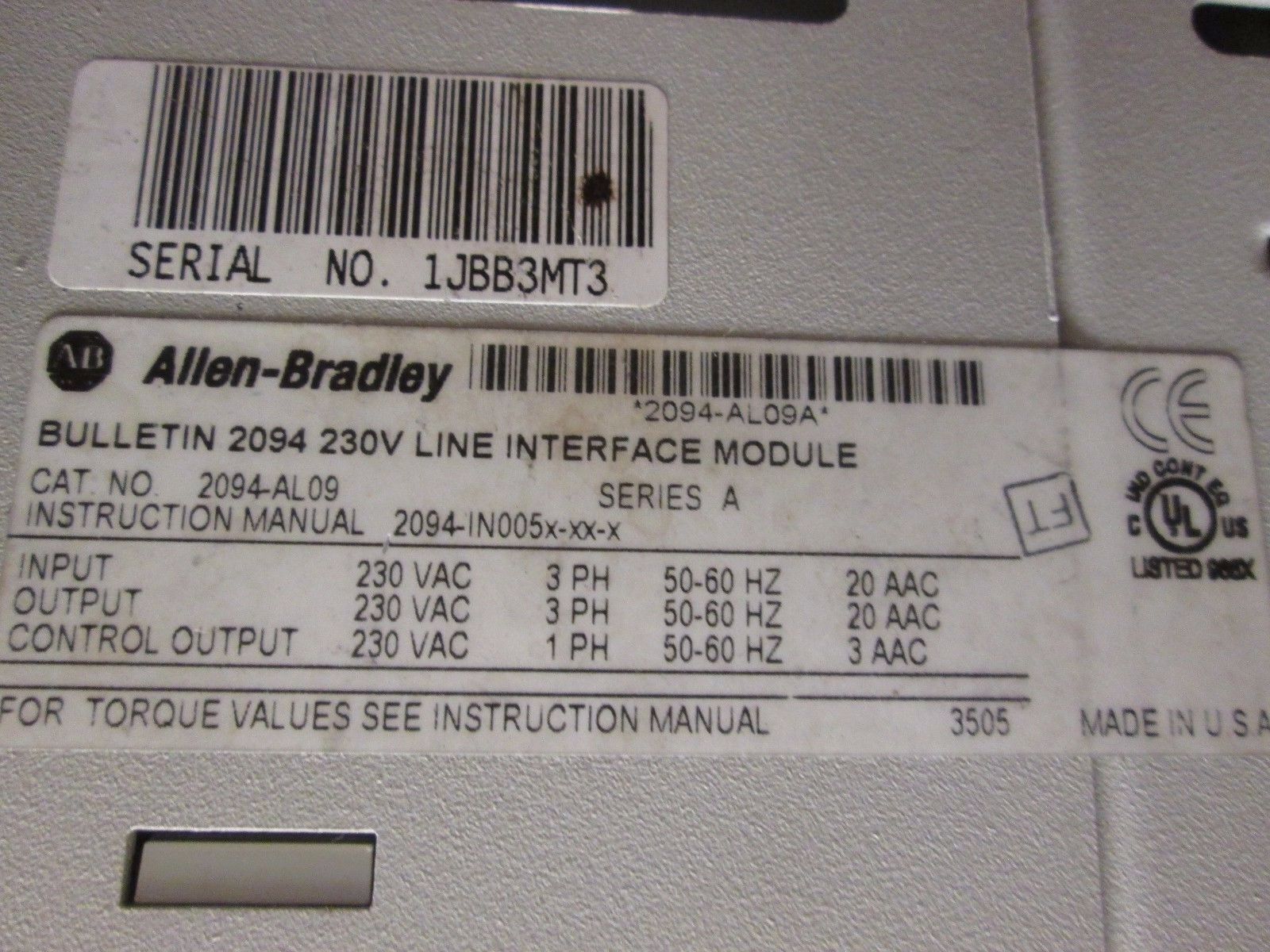 Allen-Bradley 2094 230V Line Interface Module 2094-AL09 230V 3Ph 50-60Hz Used