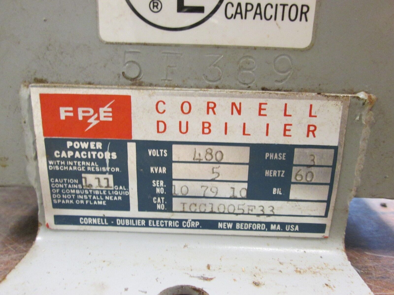 FPE / Cornell Dubilier Power Capacitor ICC1005F33 5KVAR 480V 3Ph 60Hz Used