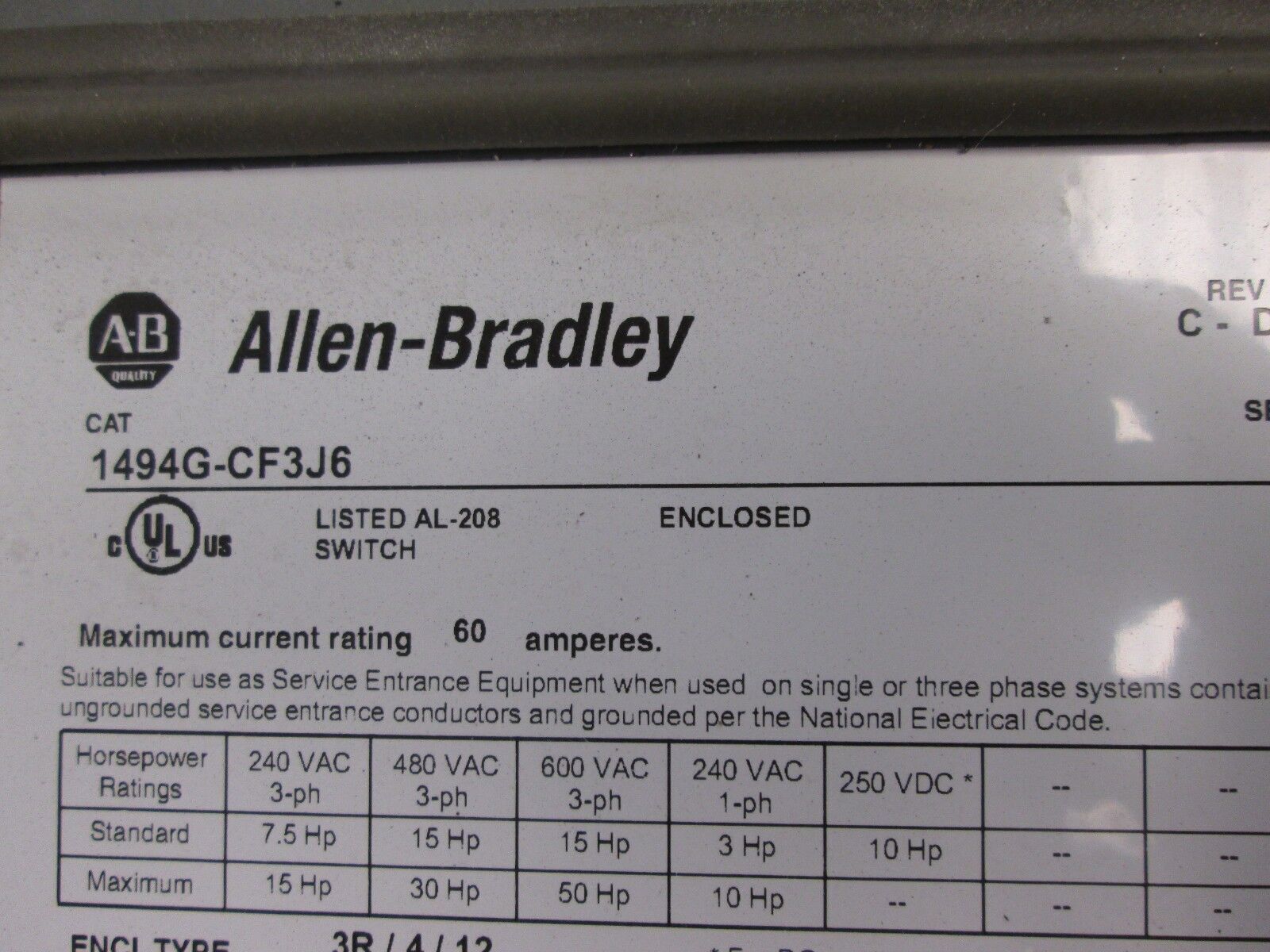 Allen-Bradley Fusible 3R Safety Switch 1494G-CF3J6 60A 3P Enclosure:3R/4/12 Used