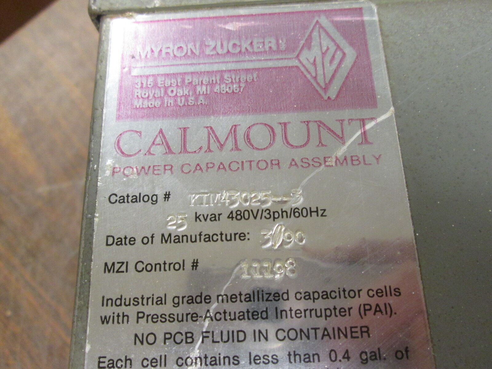 Myron Zucker Calmount Power Capacitor Assembly KIM43025--3 25KVAR 480V 3Ph Used