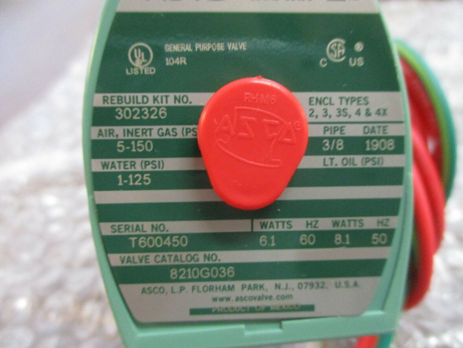 Asco Red Hat Solenoid Valve 8210G036 110/120V 50/60Hz New Surplus