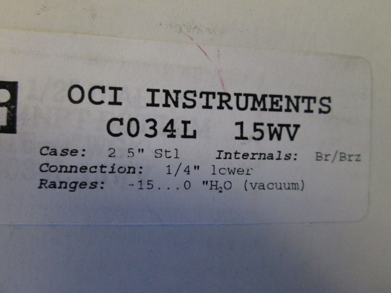 OCI Instruments Water Gauge C034L 15WV 2.5" Case 1/4" NPT -15-0 Range