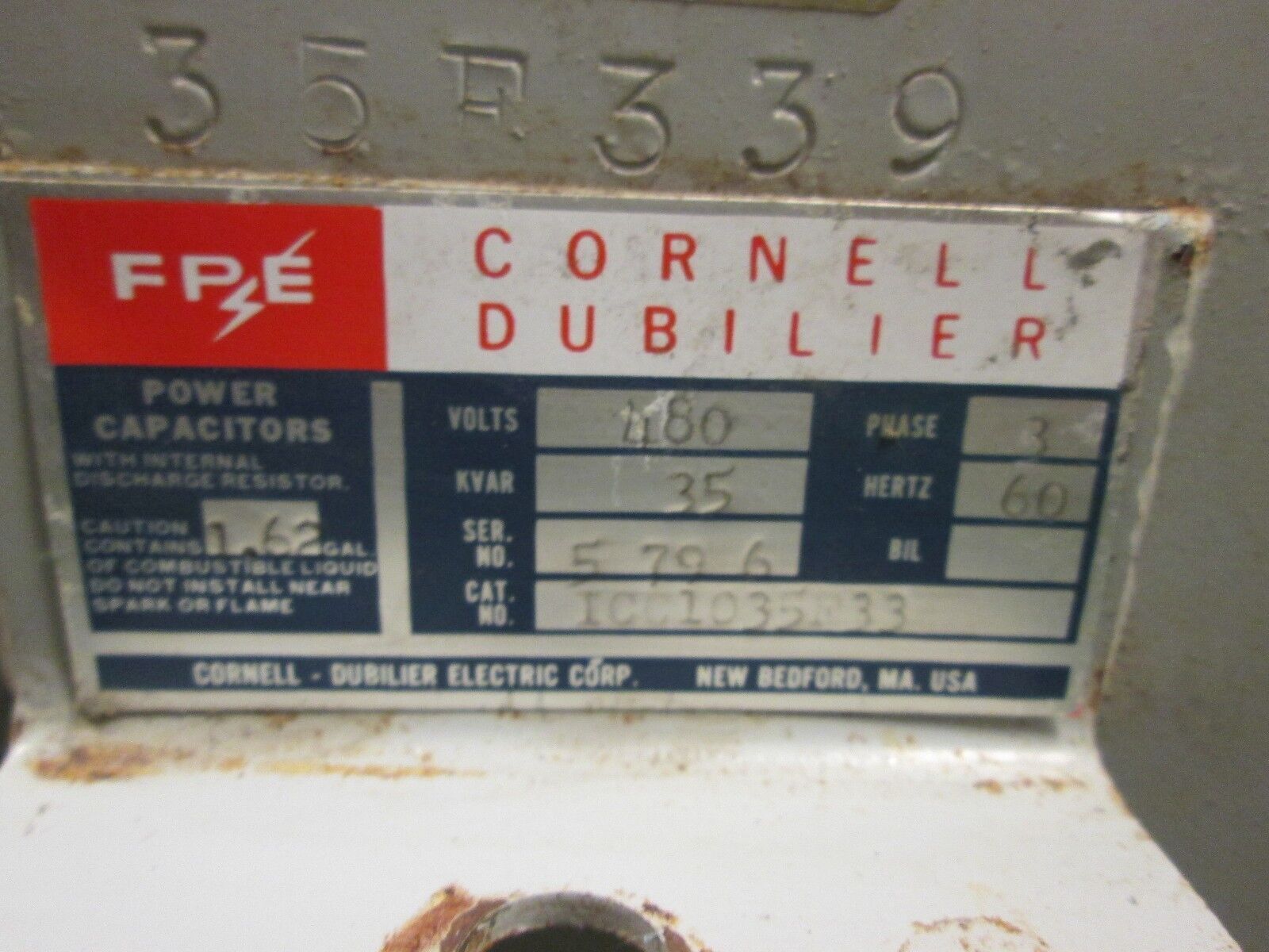 FPE / Cornell Dubilier Power Capacitor ICC1035F33 480V 35KVAR 3Ph 60Hz Used