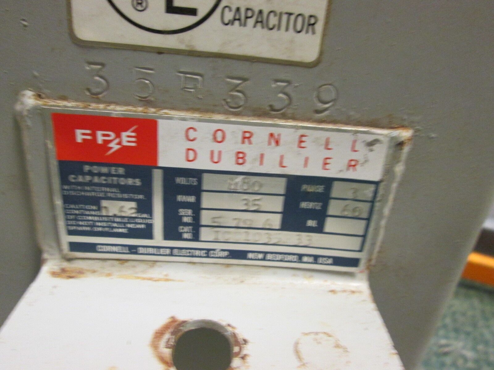 FPE / Cornell Dubilier Power Capacitor ICC1035F33 480V 35KVAR 3Ph 60Hz Used