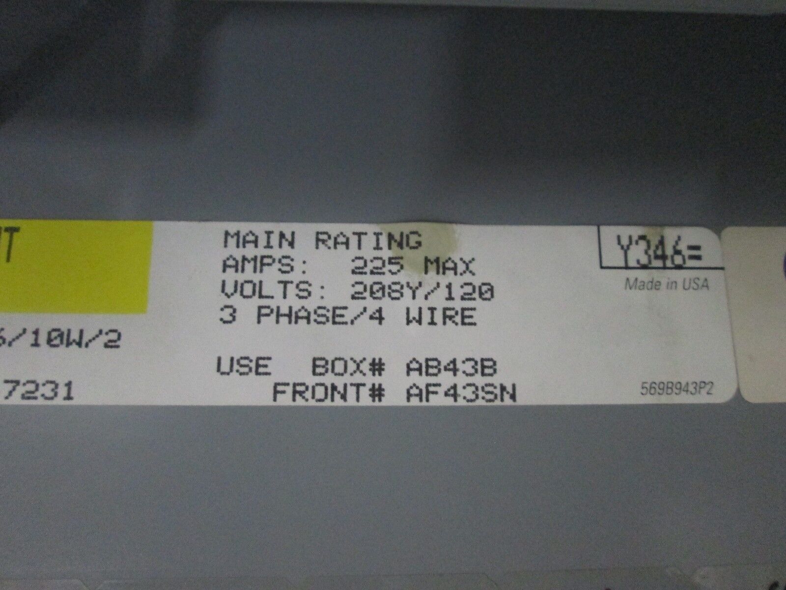 GE Circuit Breaker Panel AQF3362MT 225A 208Y/120V 3Ph 4W Used