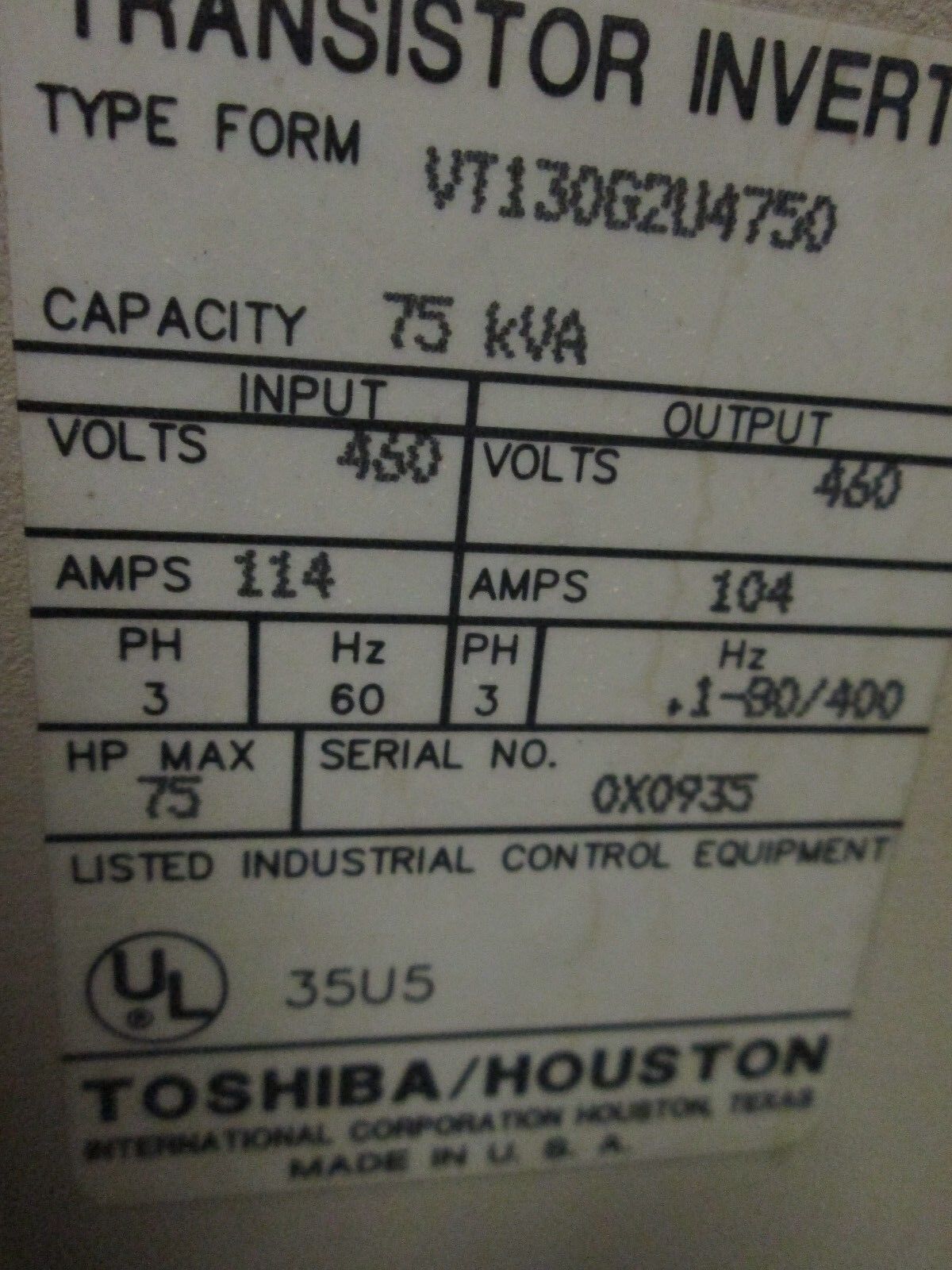 Toshiba Tosvert 130-G2 AC Drive VT130G2U4750 75HP Used