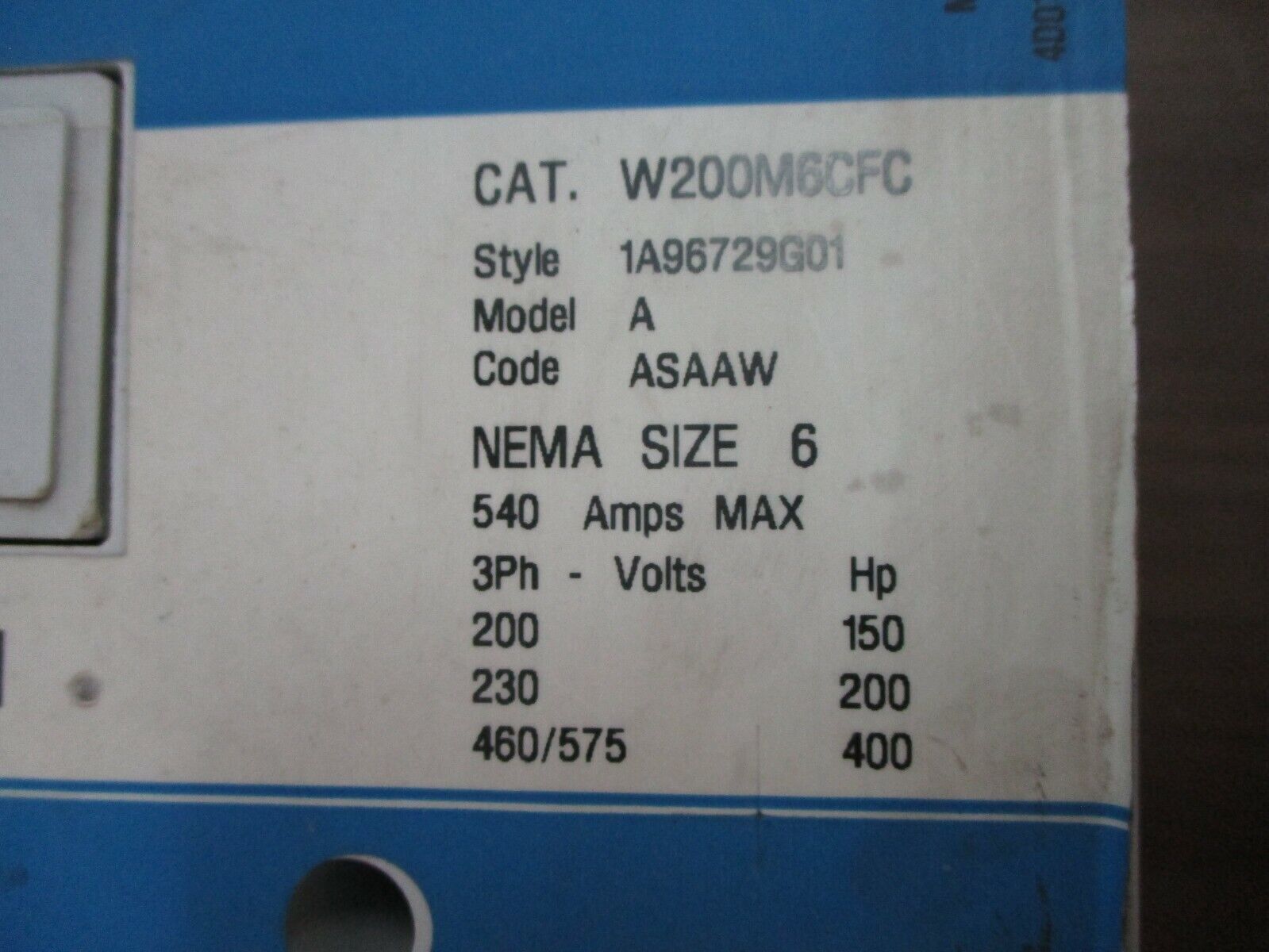 Westinghouse Advantage Size 6 Starter W200M6CFC 120V Coil 150-400HP 200-575V 3Ph
