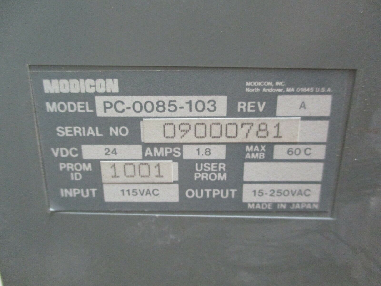 Modicon PLC Rack w/ Programmable Controller PC-0085-103 Rev. A 24VDC 1.8A Used