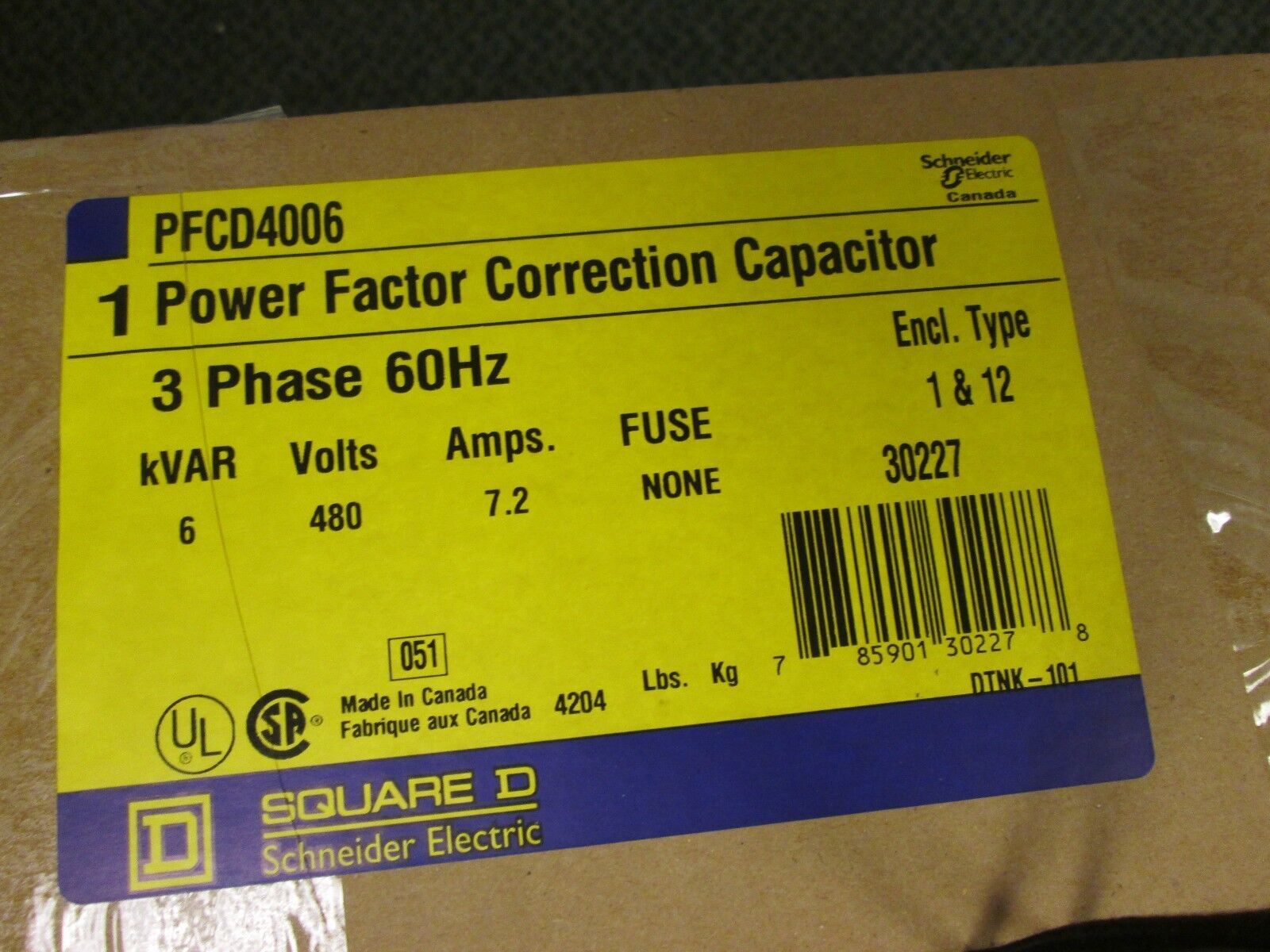 Square D Power Factor Correction Capacitor PFCD4006 6KVAR 480V 3Ph 60Hz Used